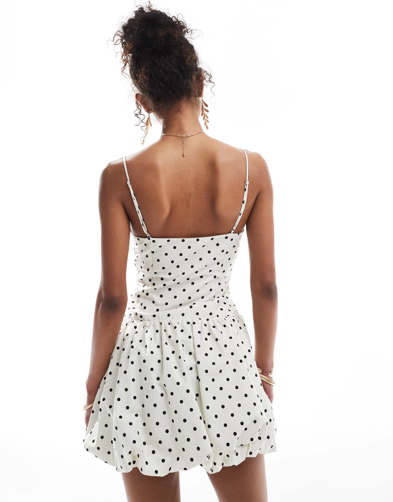 Bershka puffball mini dress in ecru polka dot