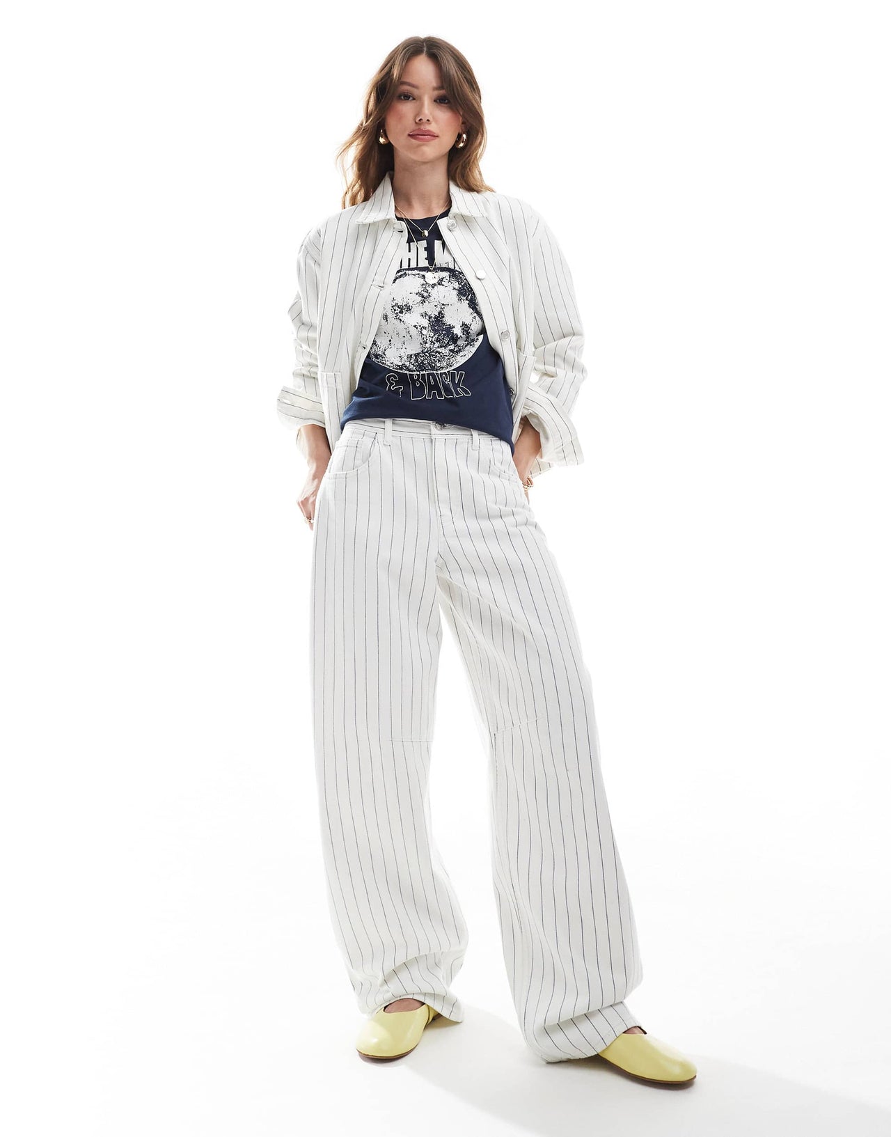 Pull&Bear balloon jean co-ord in white pinstripe