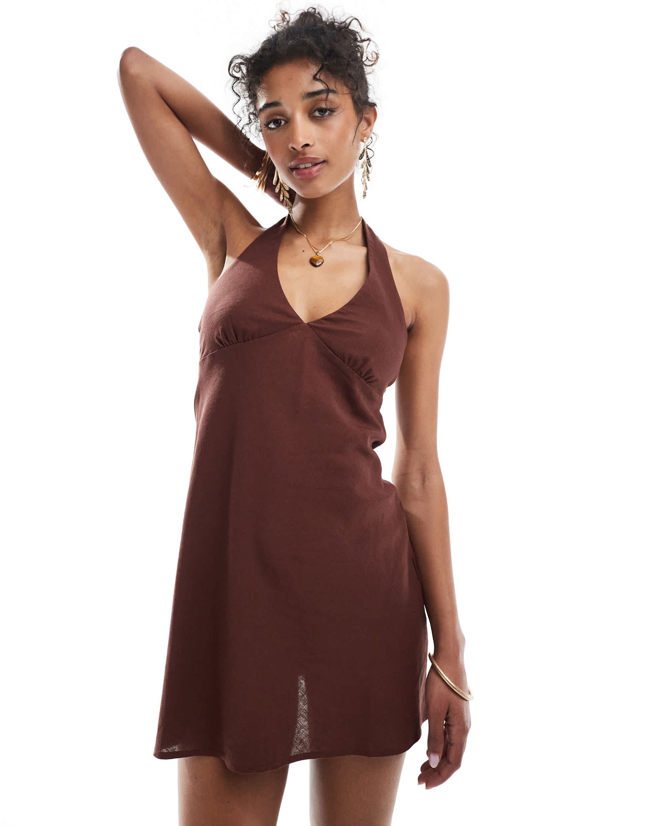 Bershka halterneck linen mini dress in chocolate