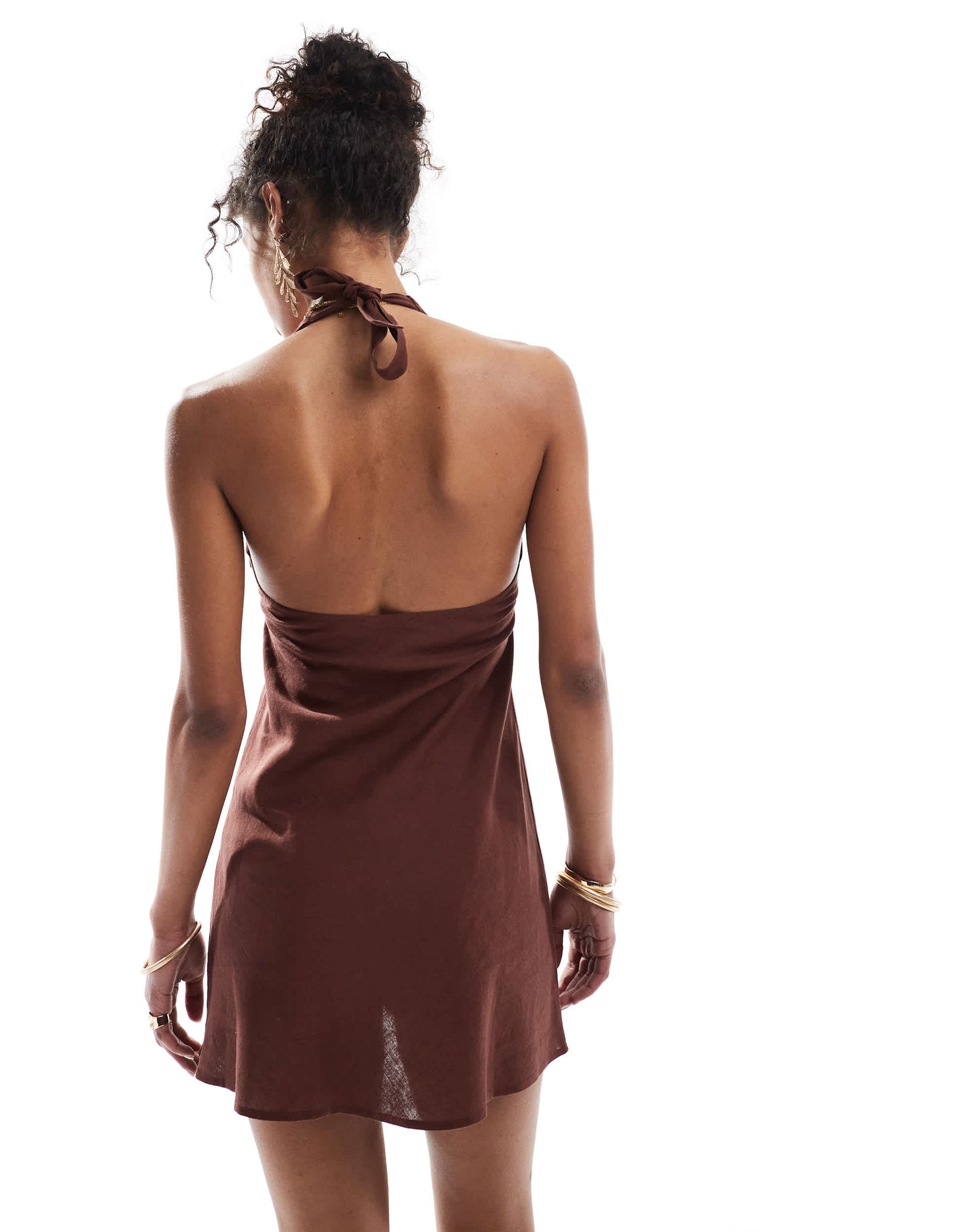 Bershka halterneck linen mini dress in chocolate