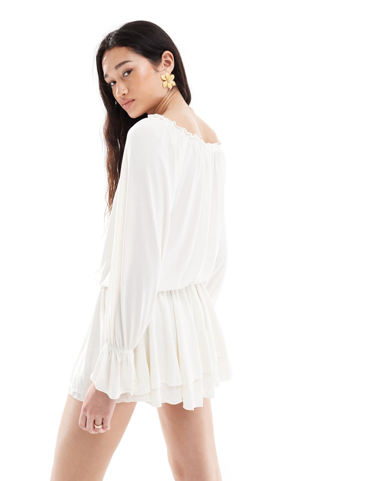 Bershka bardot blouson mini dress in ecru