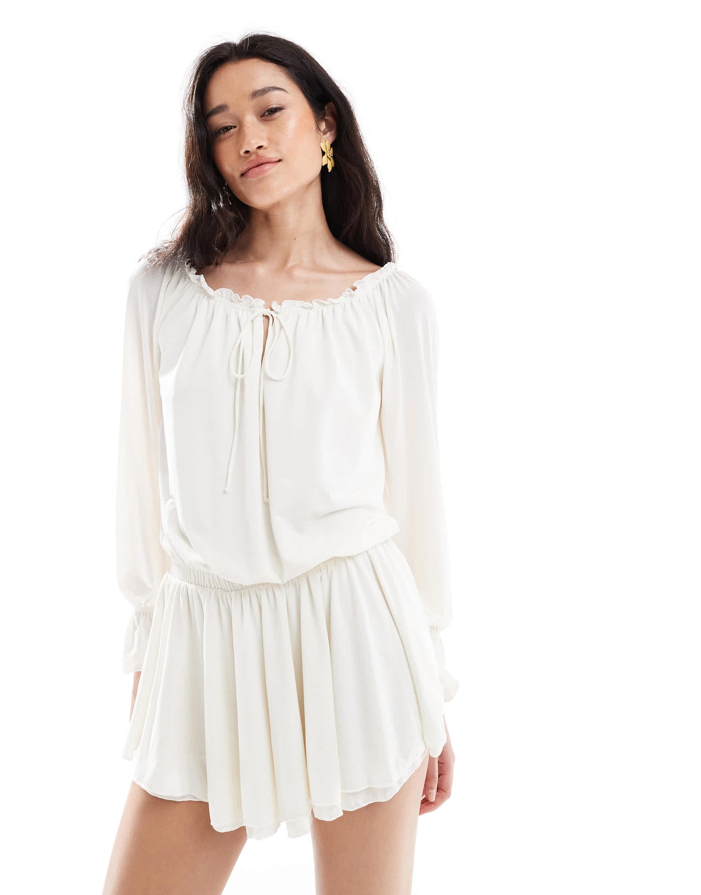Bershka bardot blouson mini dress in ecru
