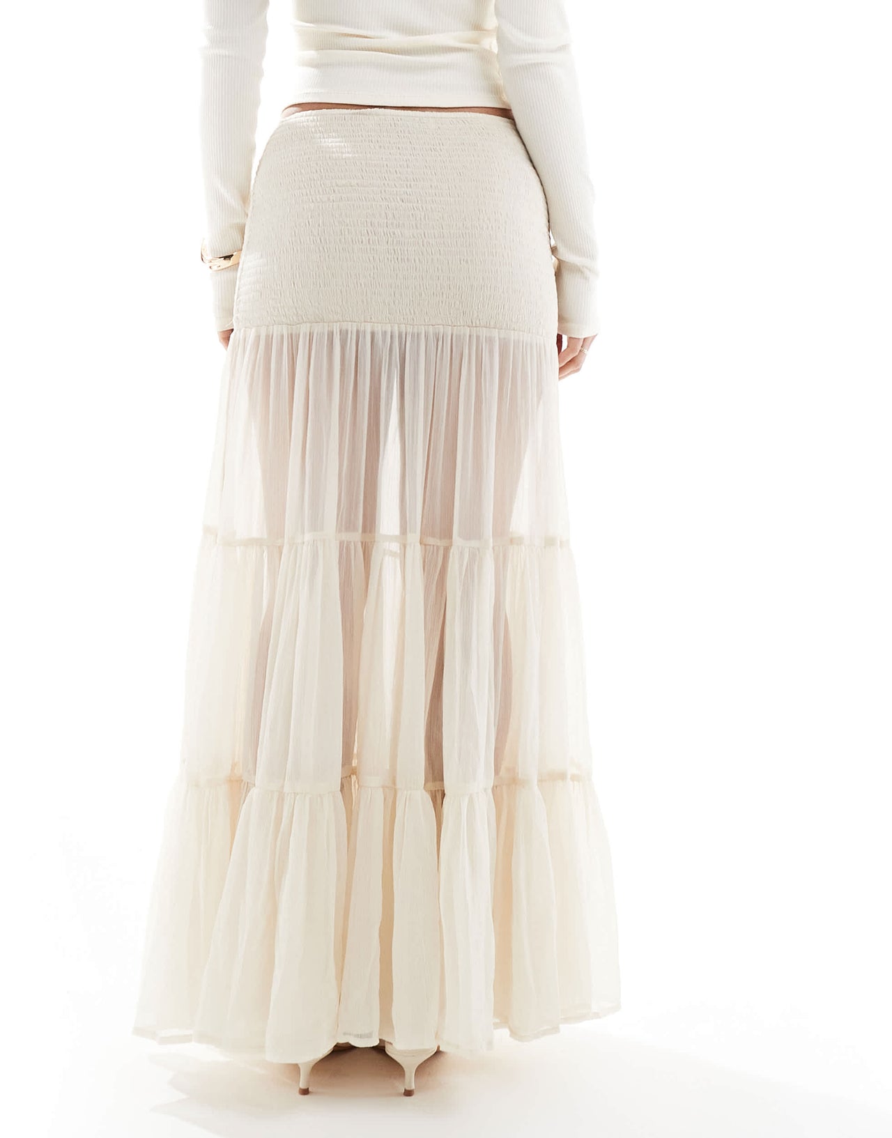 Bershka shirred tierred maxi skirt in ecru