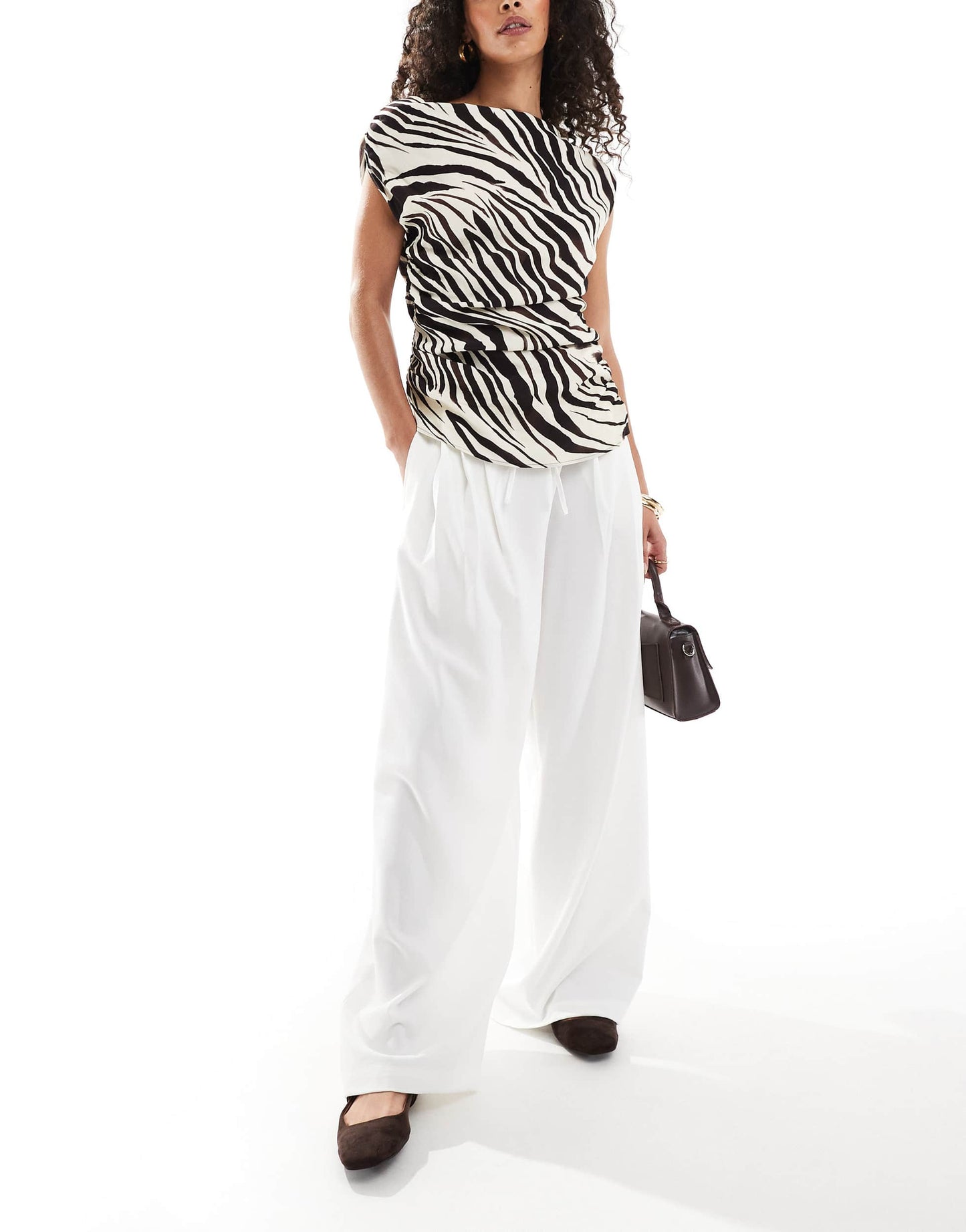 Bershka wide leg tailored trousers in ecru