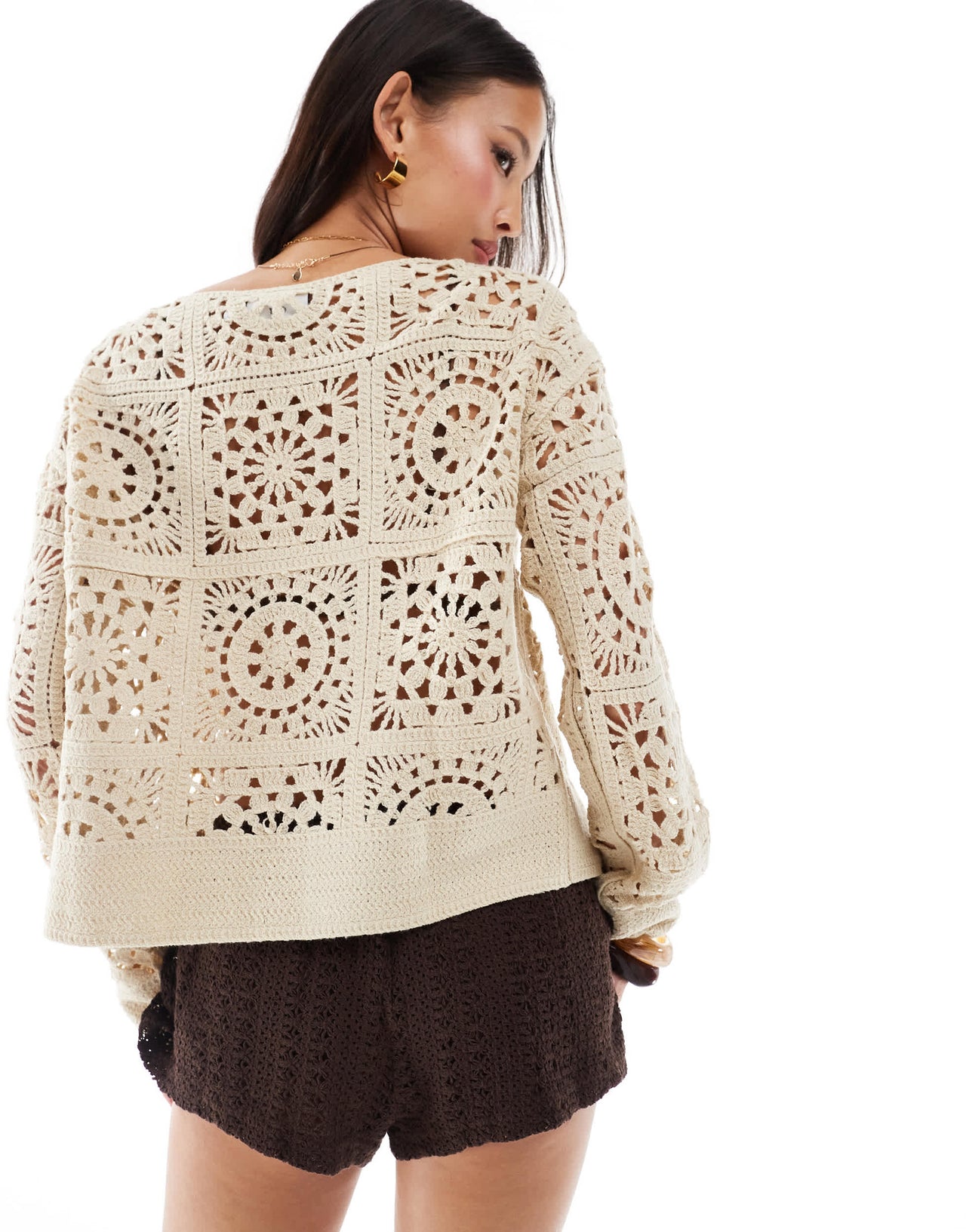 Bershka tie waist crochet shorts in brown