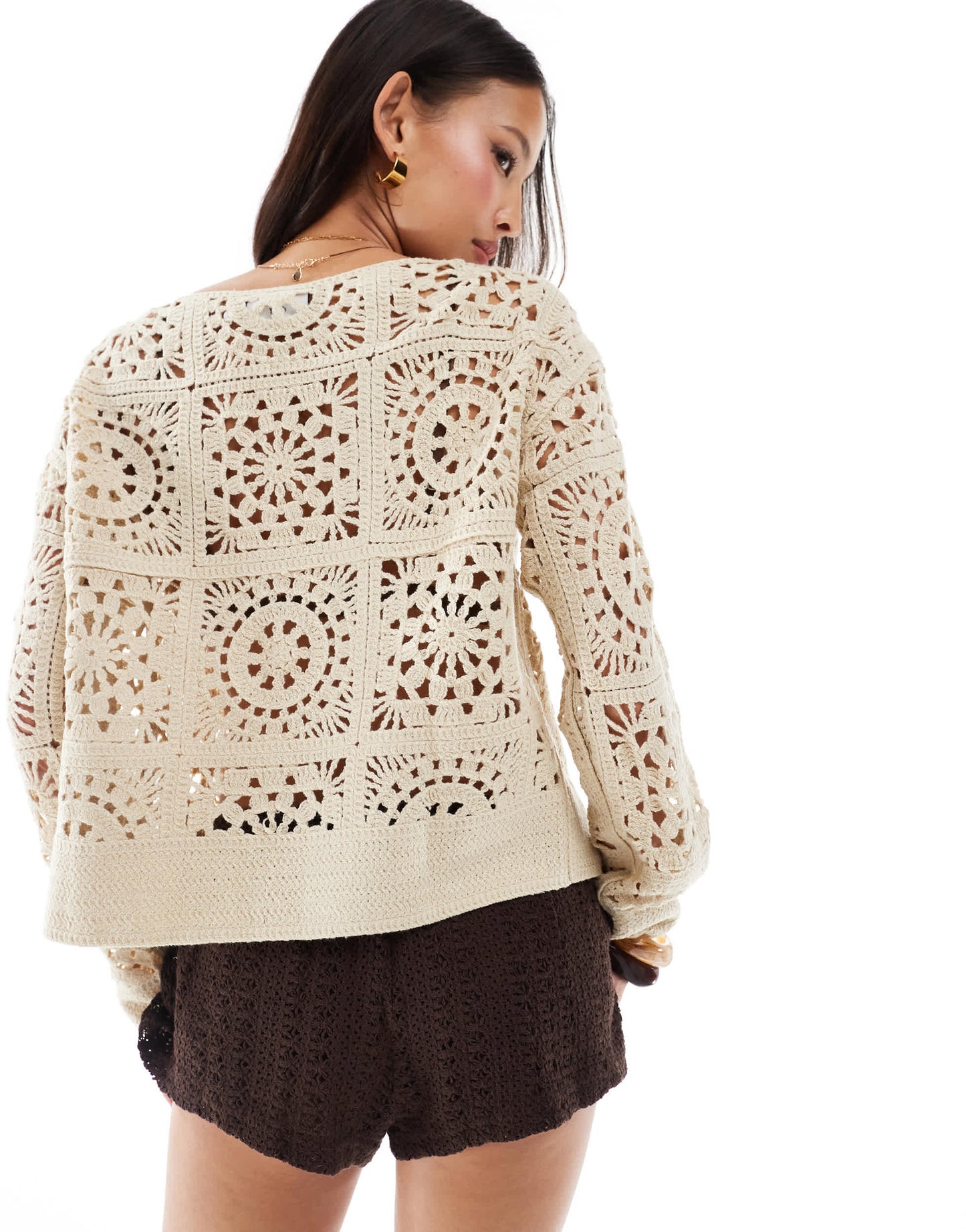 Bershka tie waist crochet shorts in brown