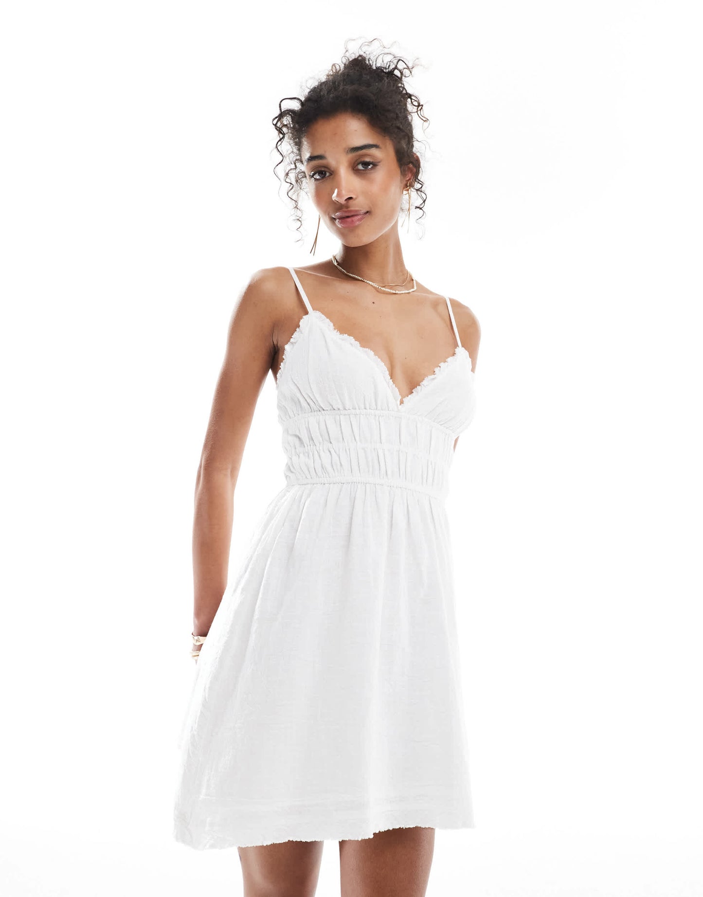 Bershka frill detail strappy mini dress in white