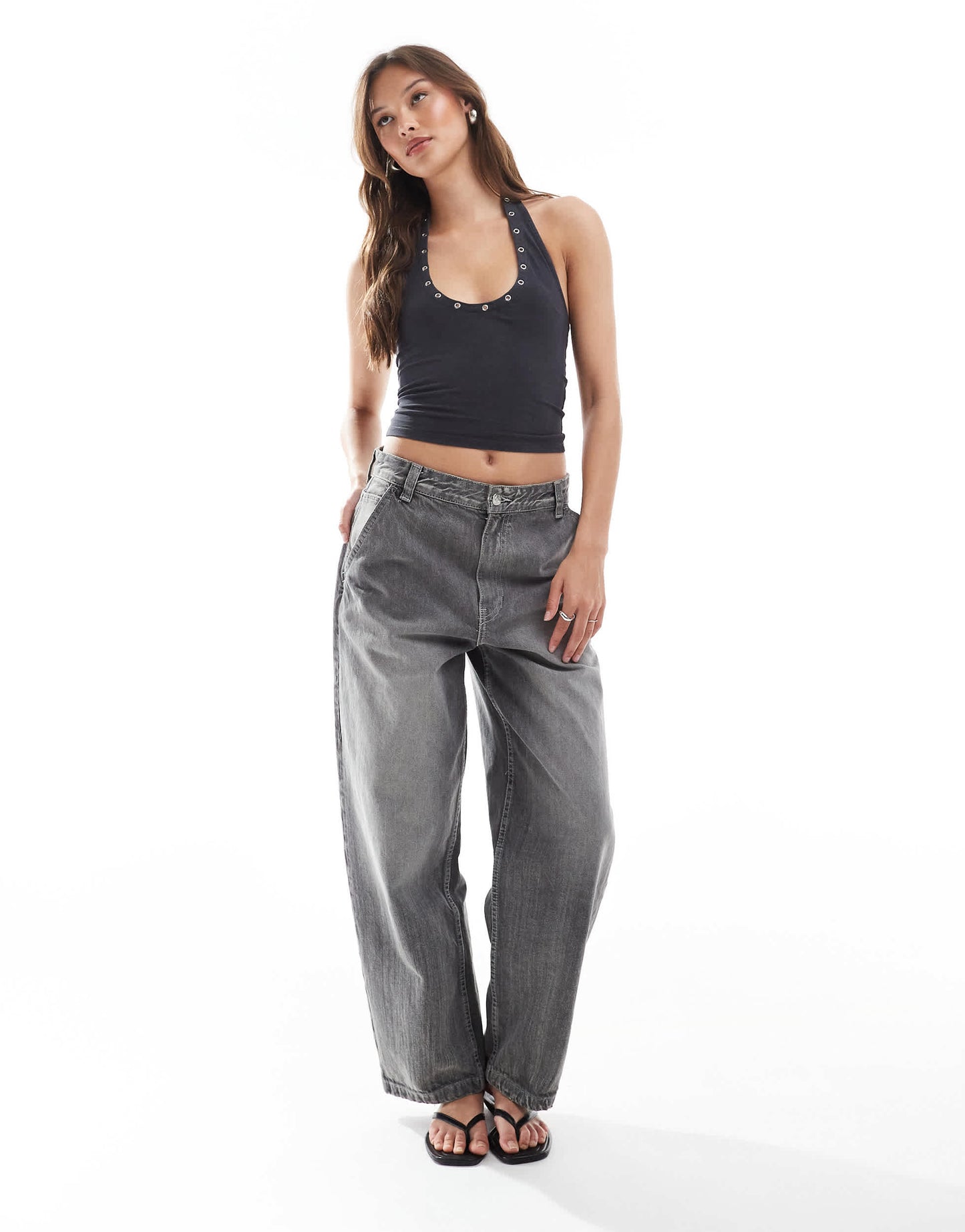 Bershka halterneck top with stud detail in washed black