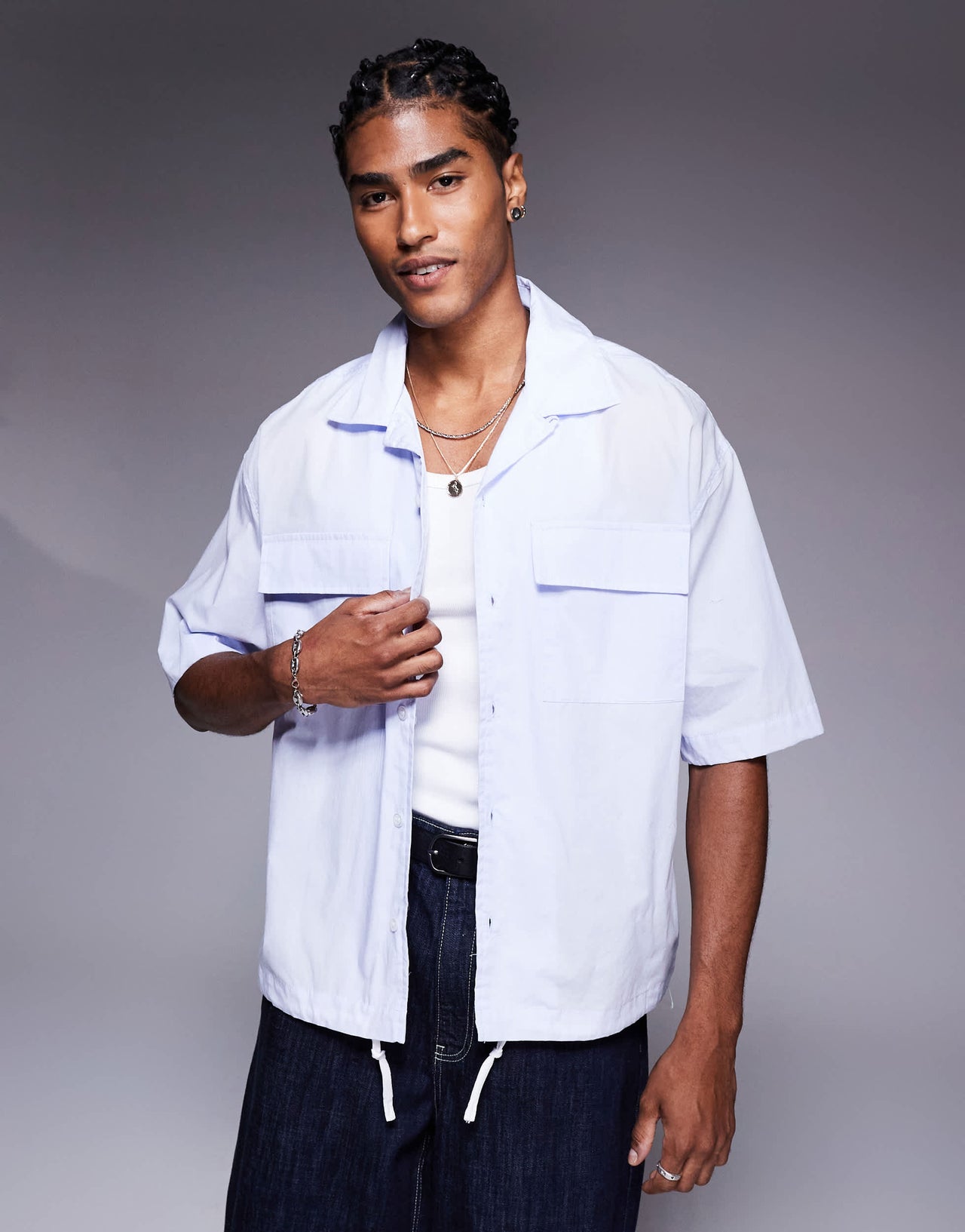 Bershka worker shirt with drawstring hem in blue