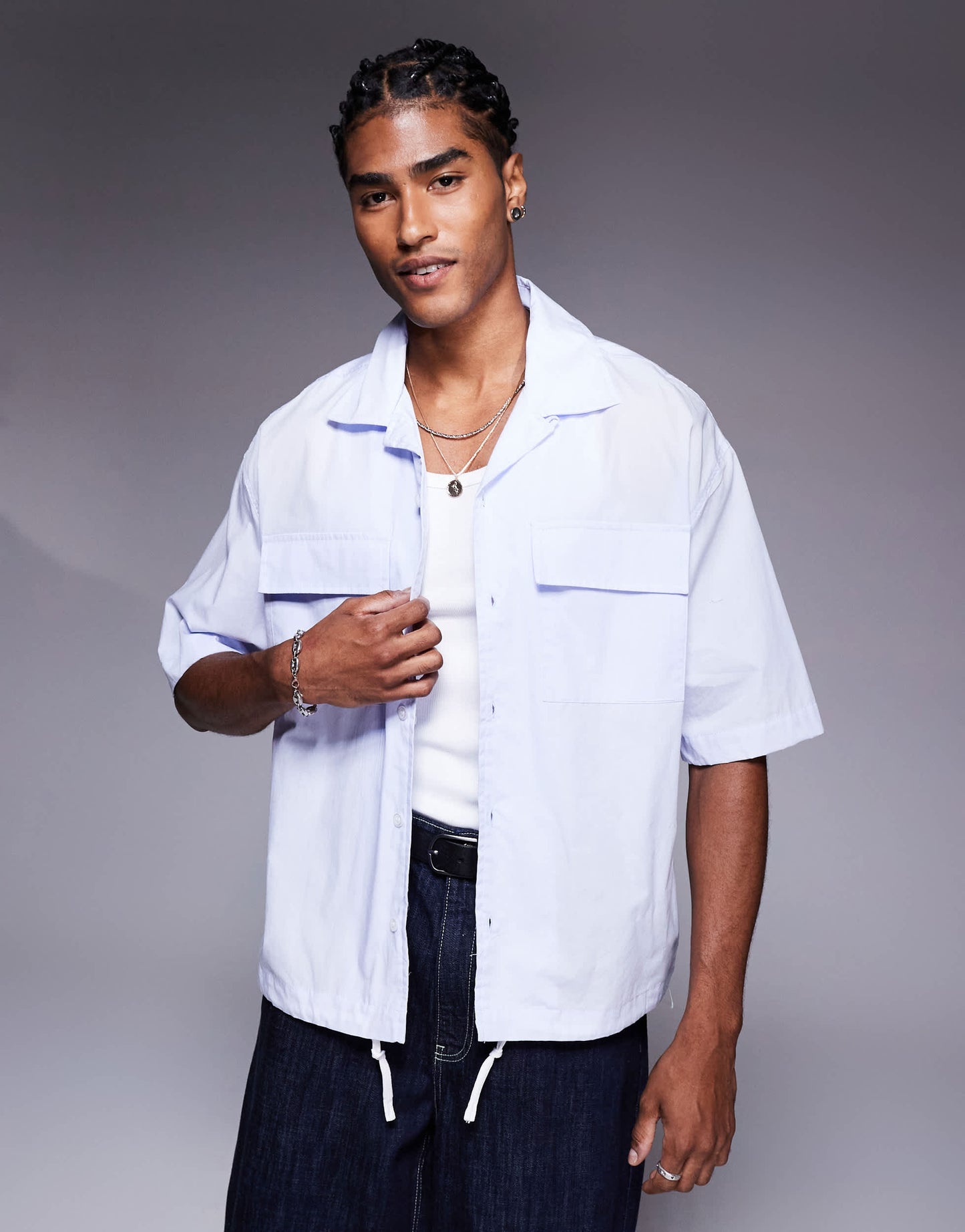 Bershka worker shirt with drawstring hem in blue