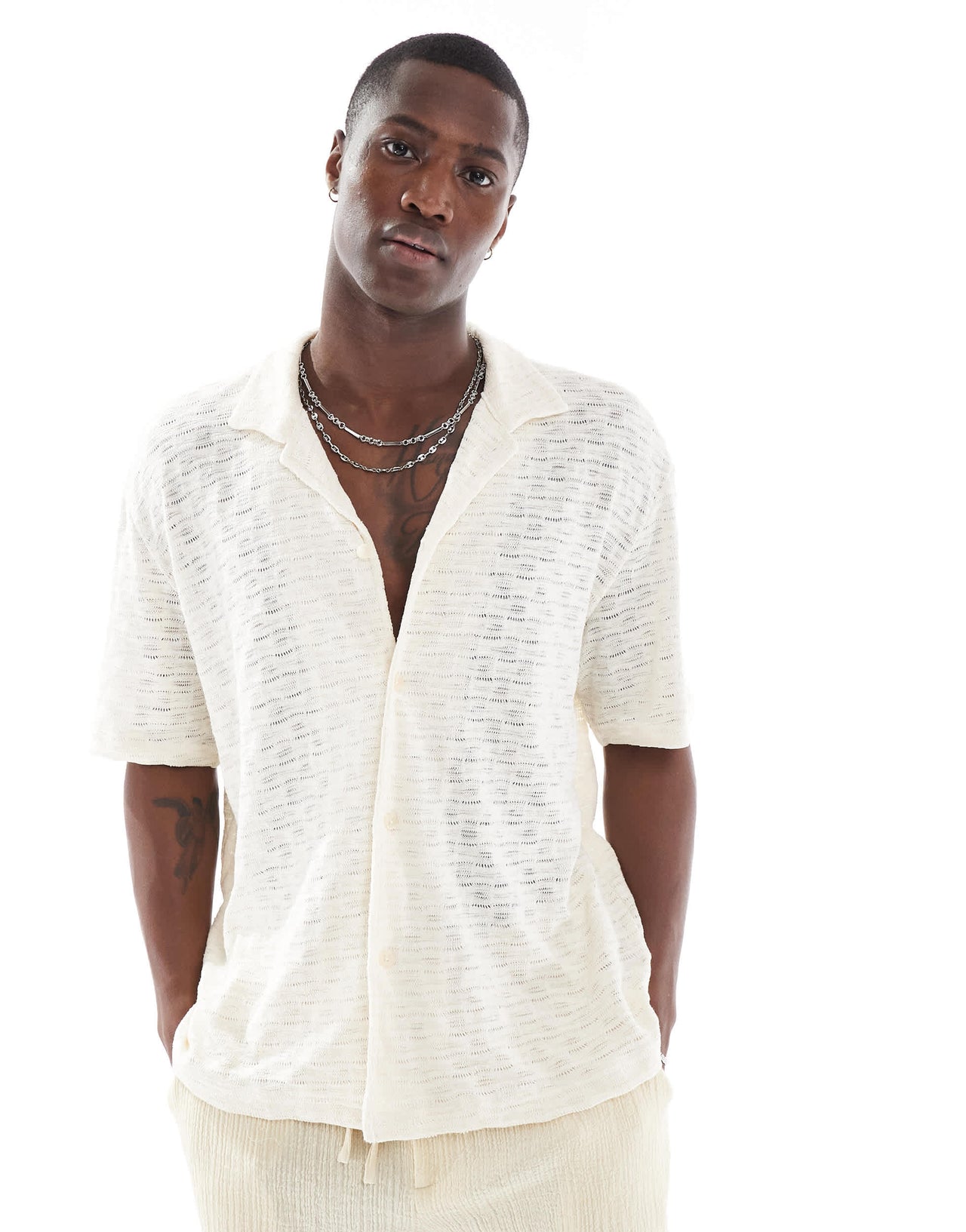 Bershka sqaure knitted textured  shirt in ecru