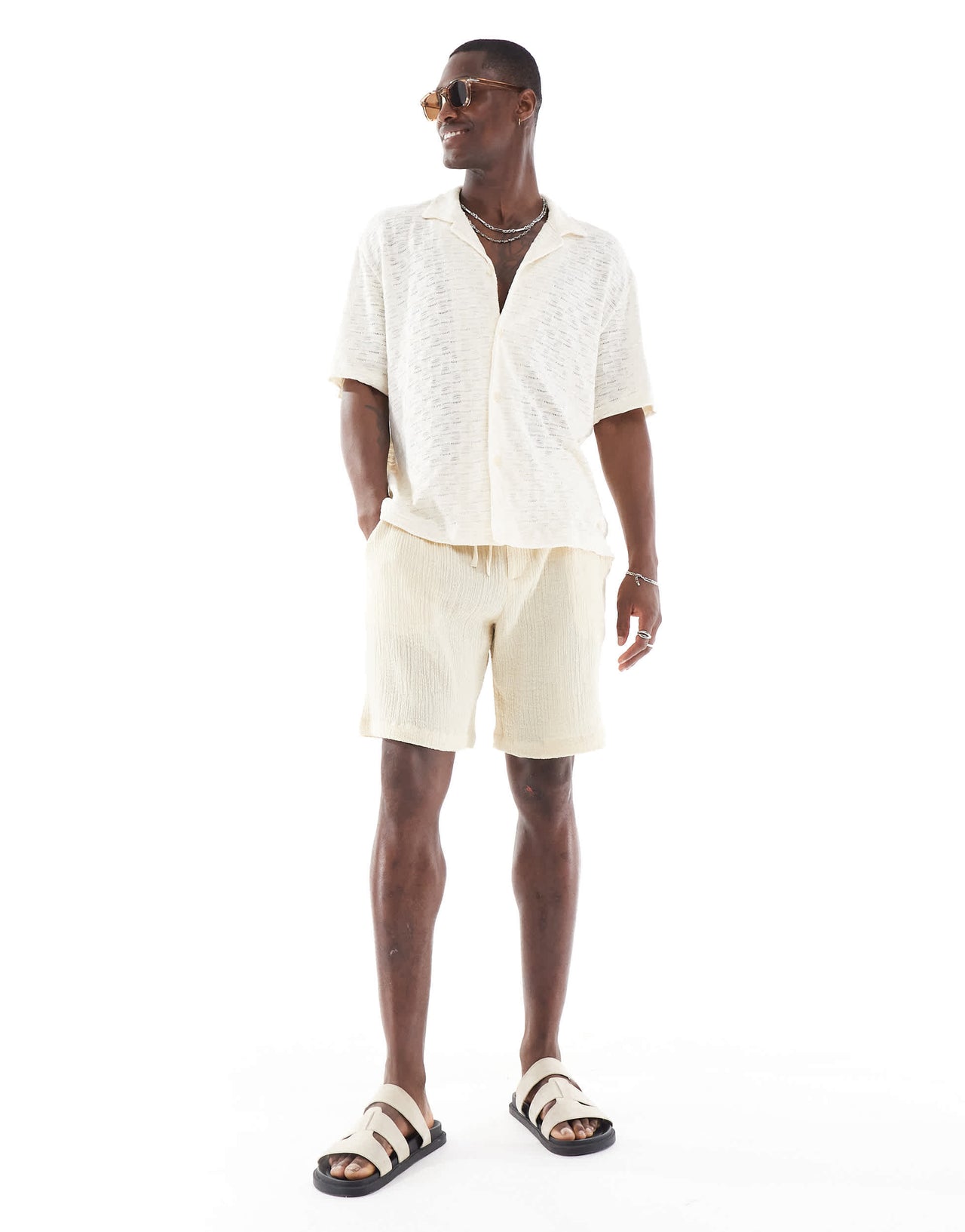 Bershka sqaure knitted textured  shirt in ecru