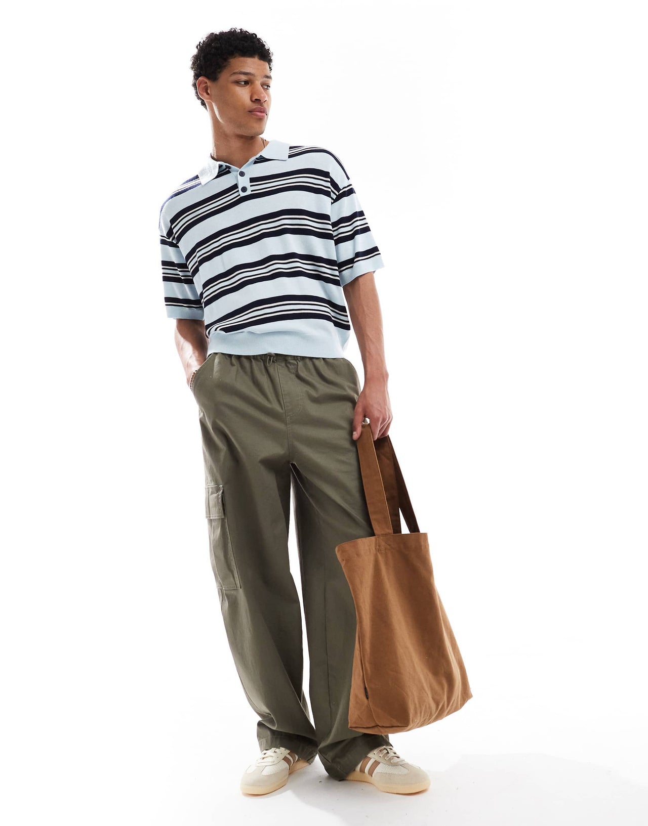 Bershka retro knitted striped polo in blue