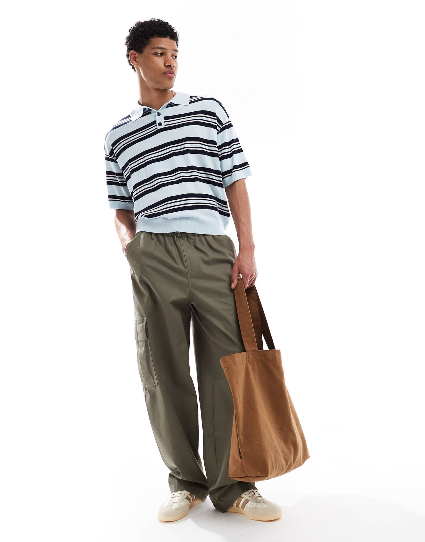 Bershka retro knitted striped polo in blue