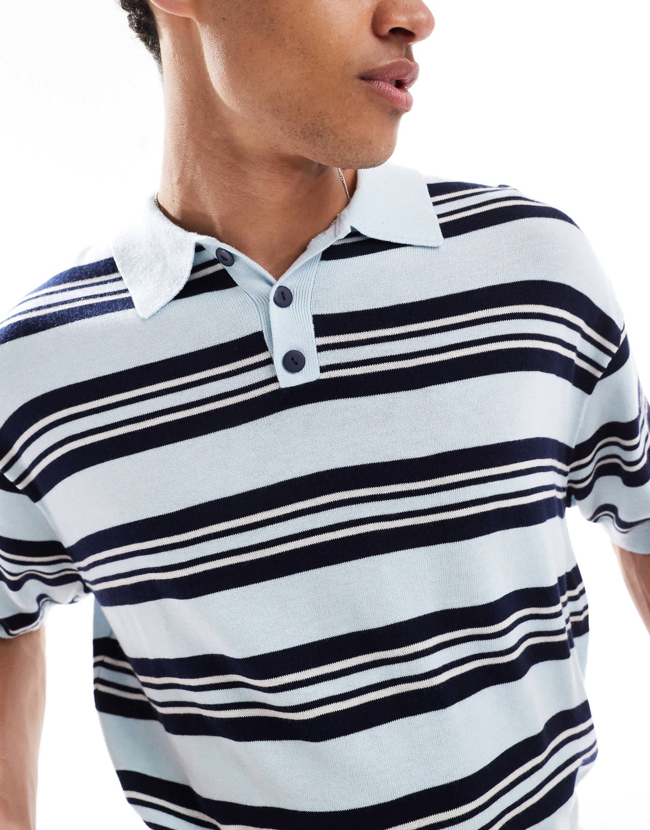 Bershka retro knitted striped polo in blue