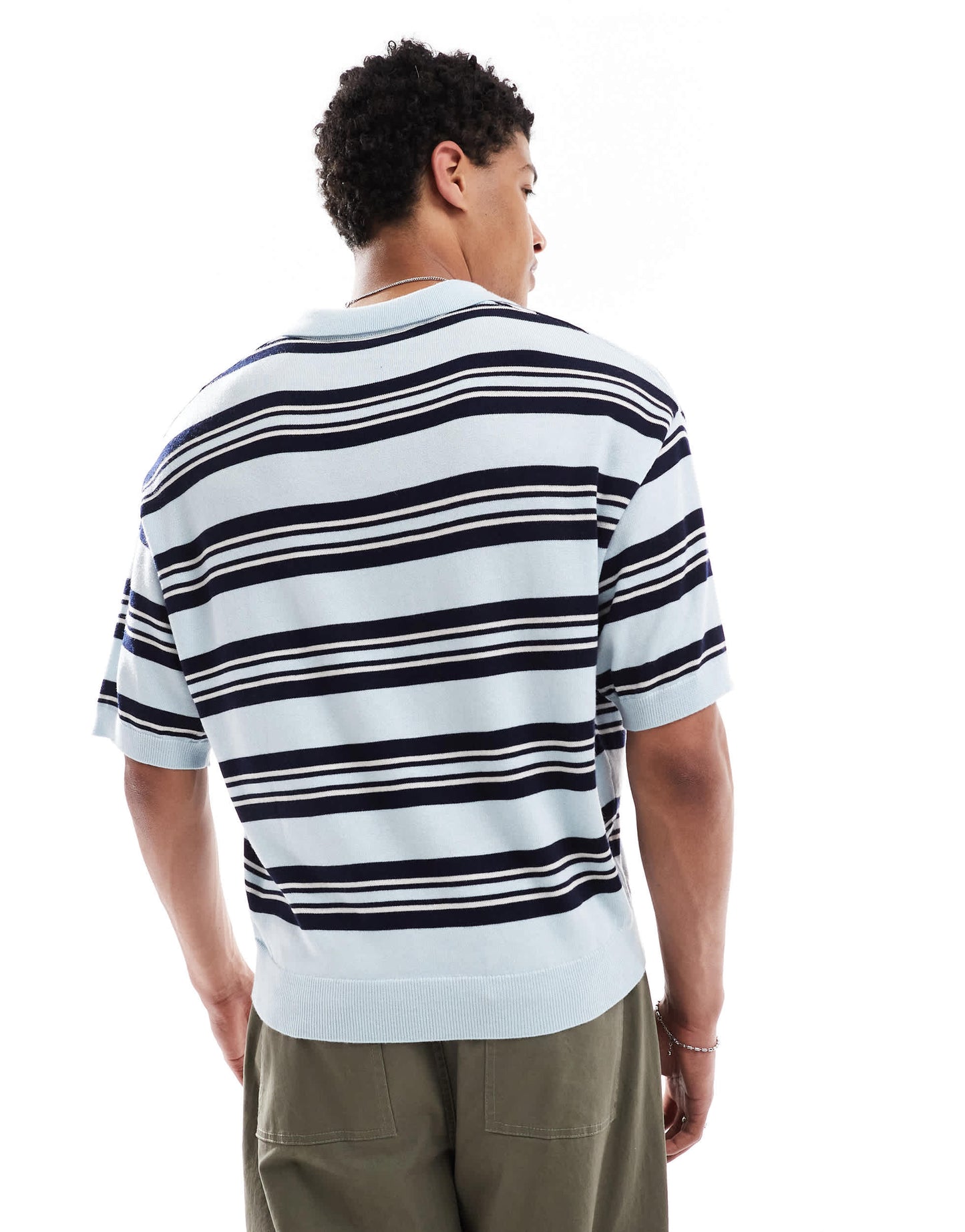 Bershka retro knitted striped polo in blue