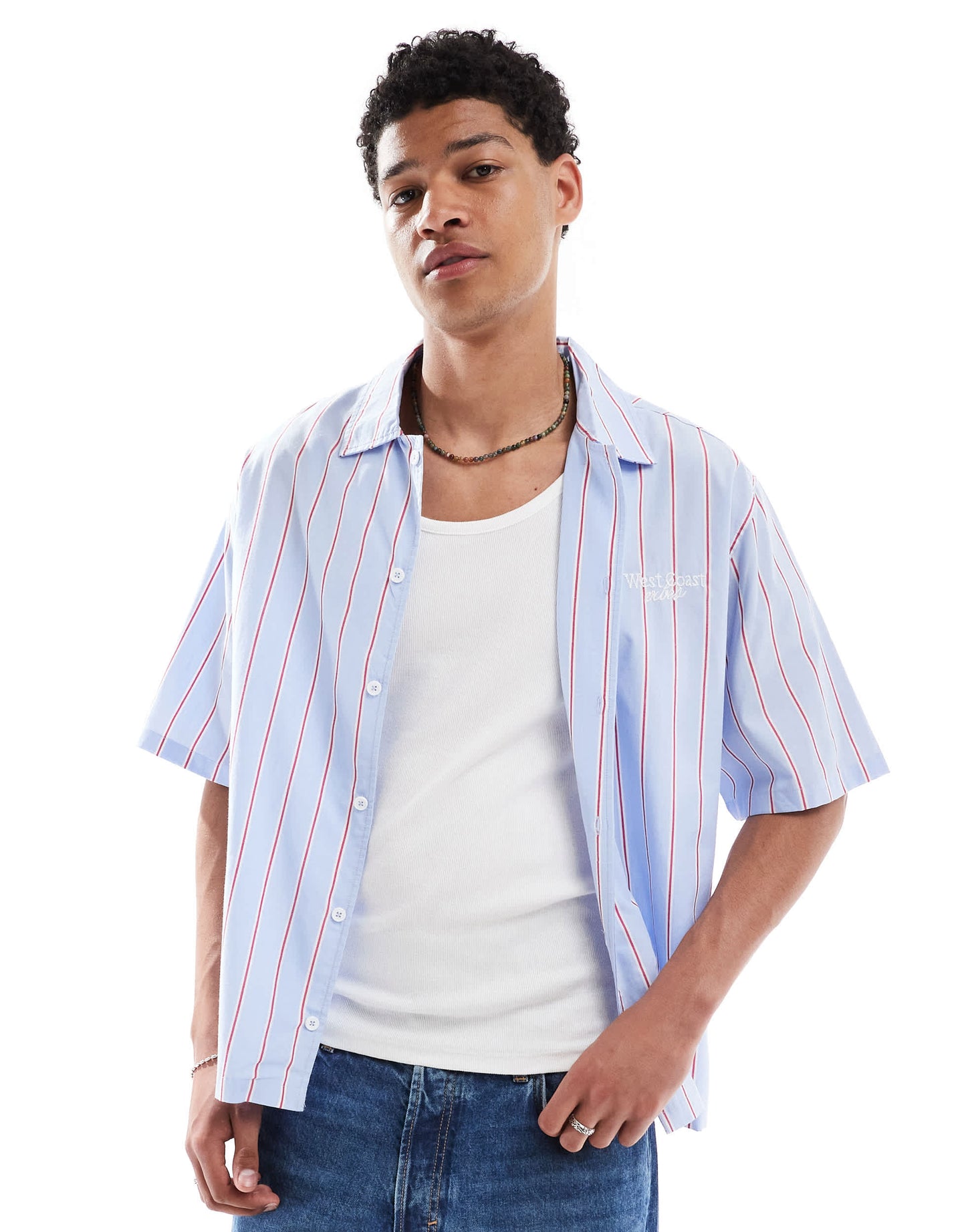 Bershka boxy striped West Coast shirt in light blue