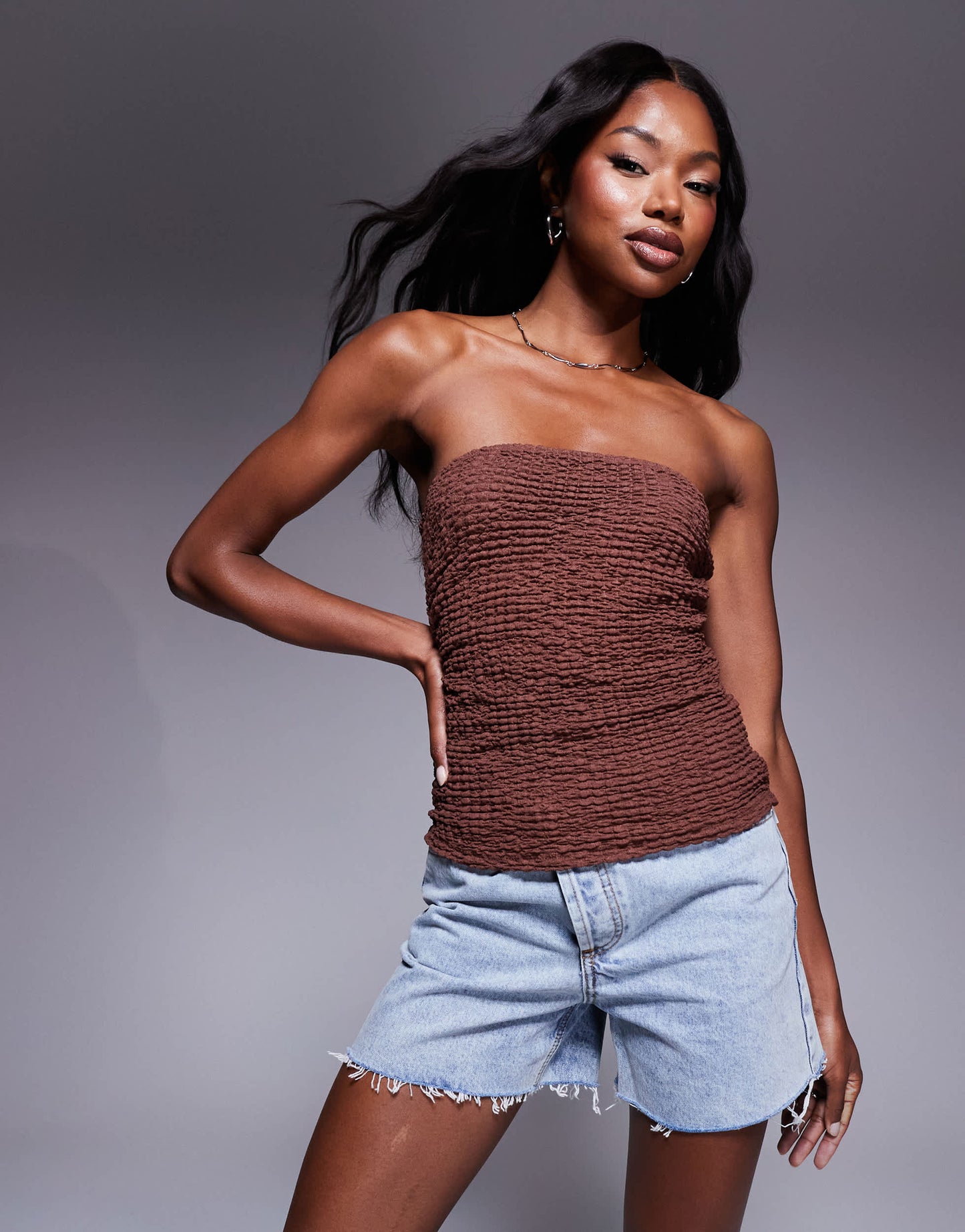 ASOS DESIGN textured longline bandeau in brown