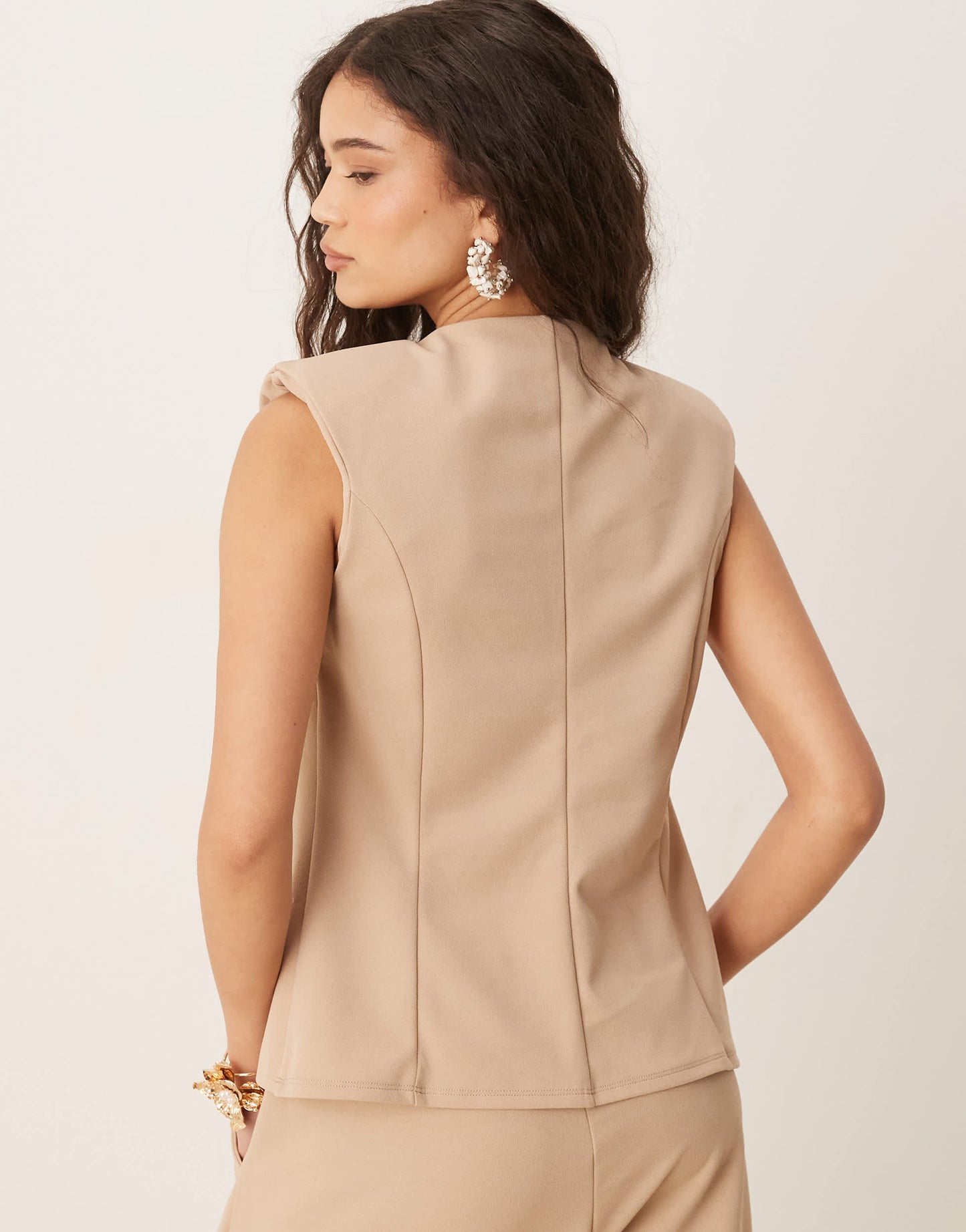ASOS DESIGN waistcoat with gold trim fastening co ord in stone in scuba-style fabric