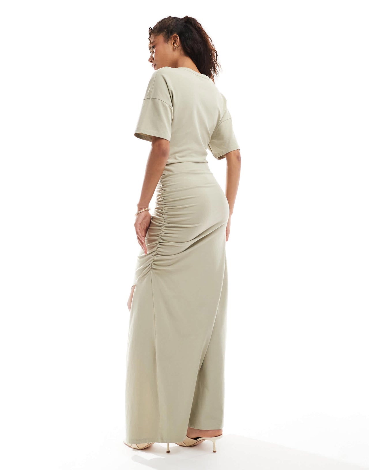 ASOS DESIGN slash ruched front T-shirt maxi dress in stone