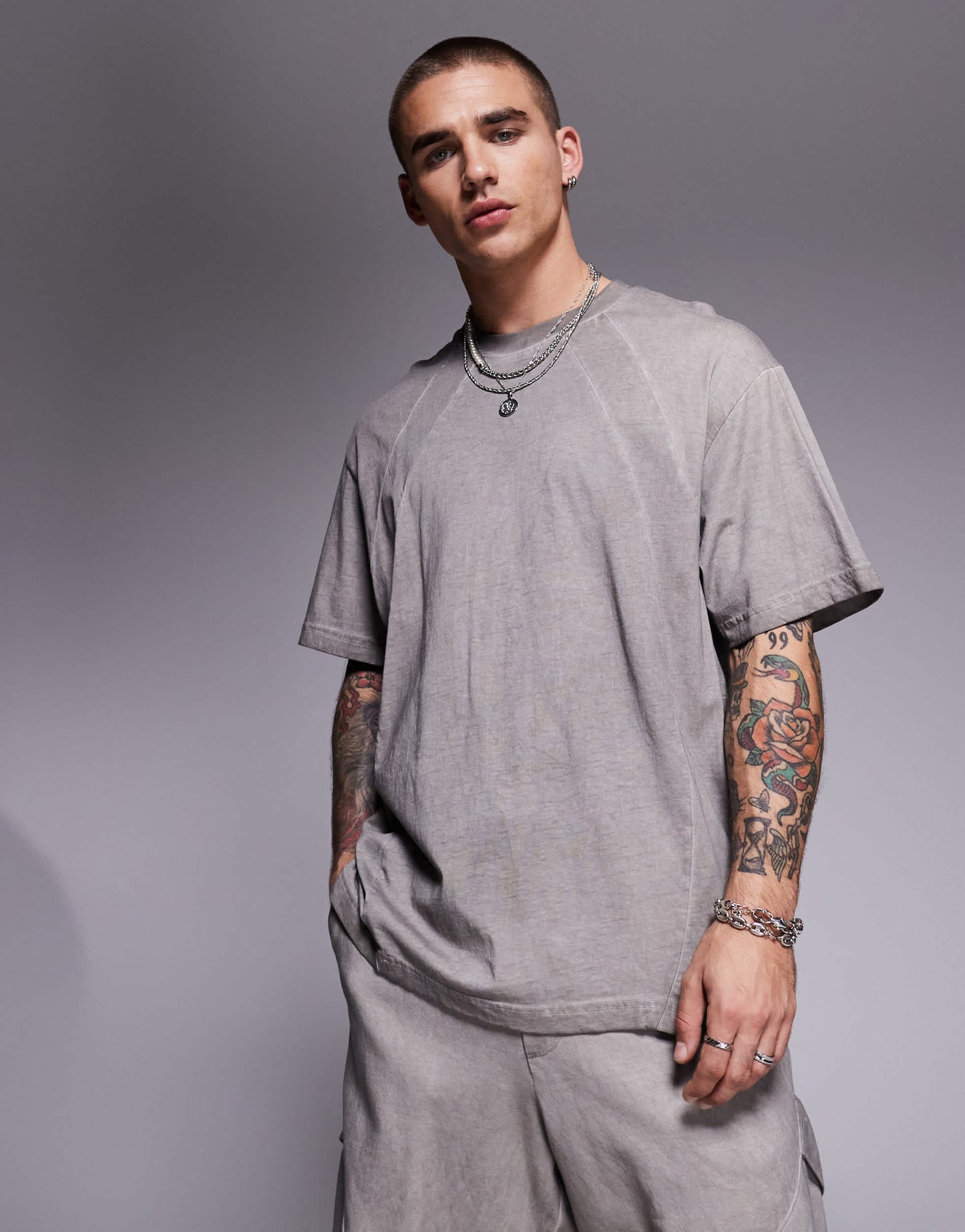 Bershka distressed co-ord t-shirt in grey