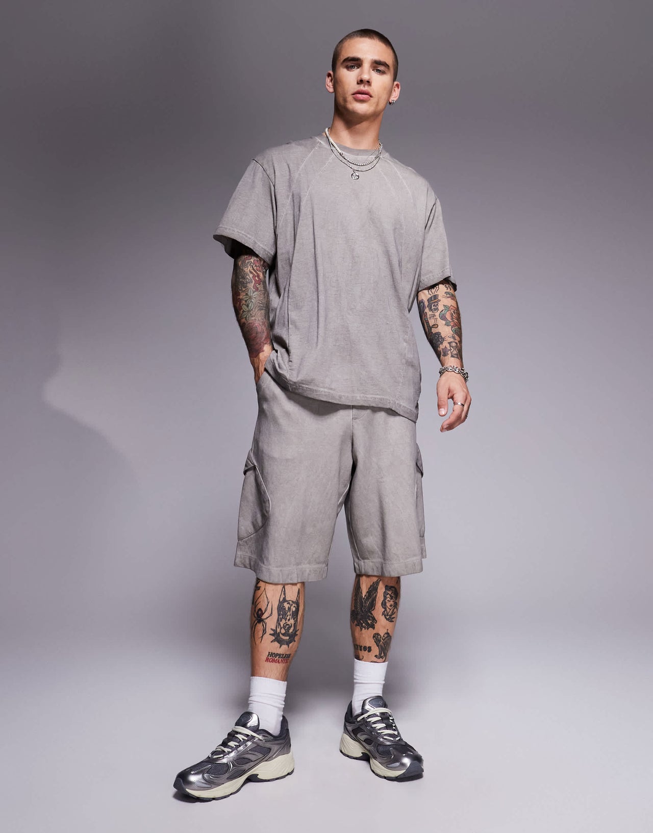 Bershka distressed co-ord t-shirt in grey