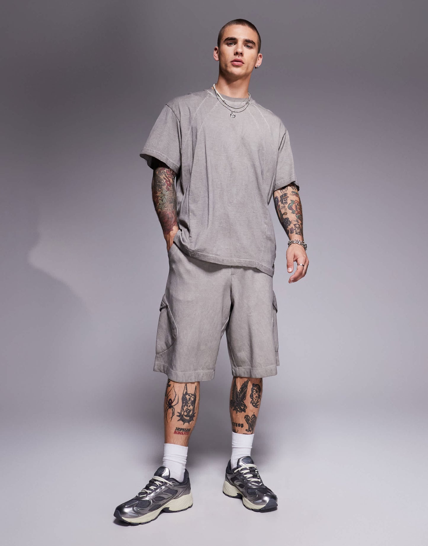Bershka distressed co-ord t-shirt in grey