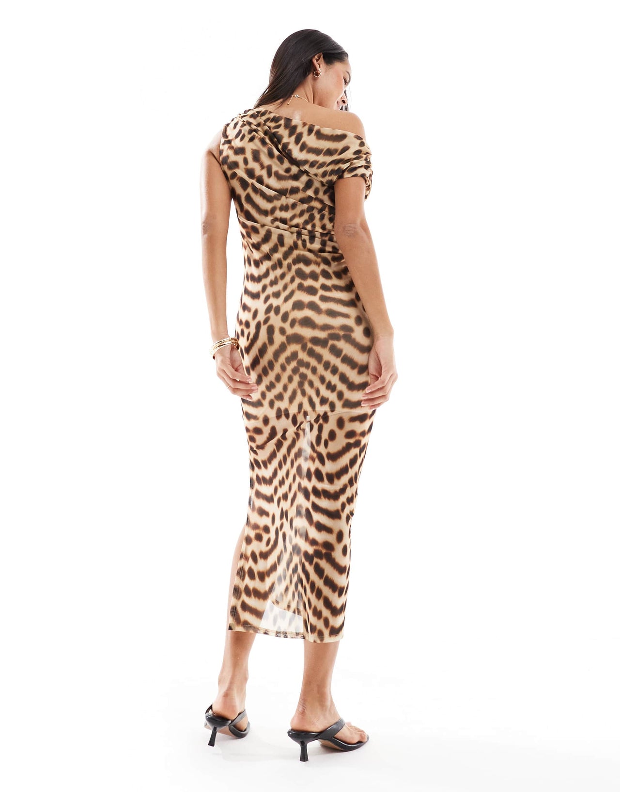 New Look fallen shoulder midi dress in leopard print