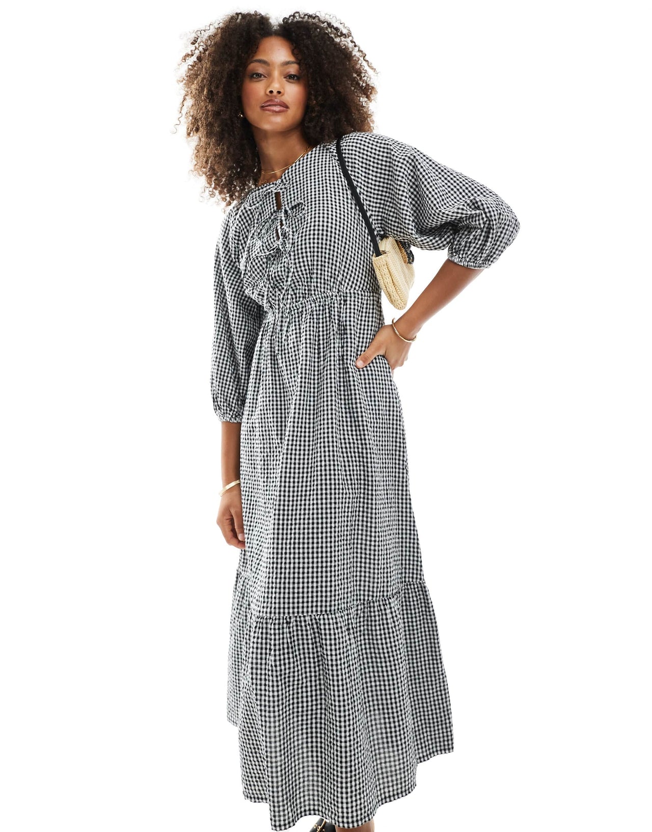 New Look tie front smock midi dress in black gingham