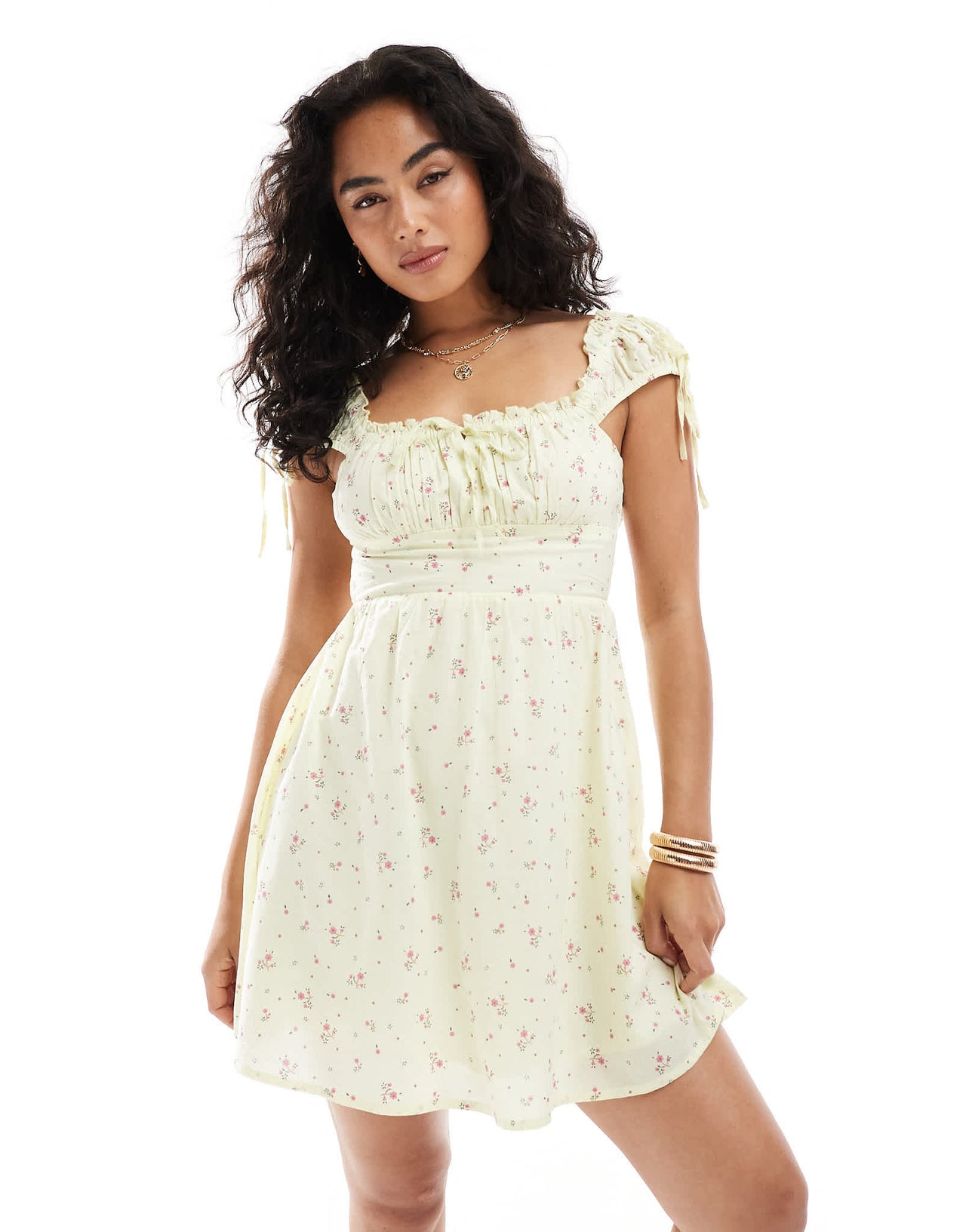 New Look milkmaid mini dress in yellow floral