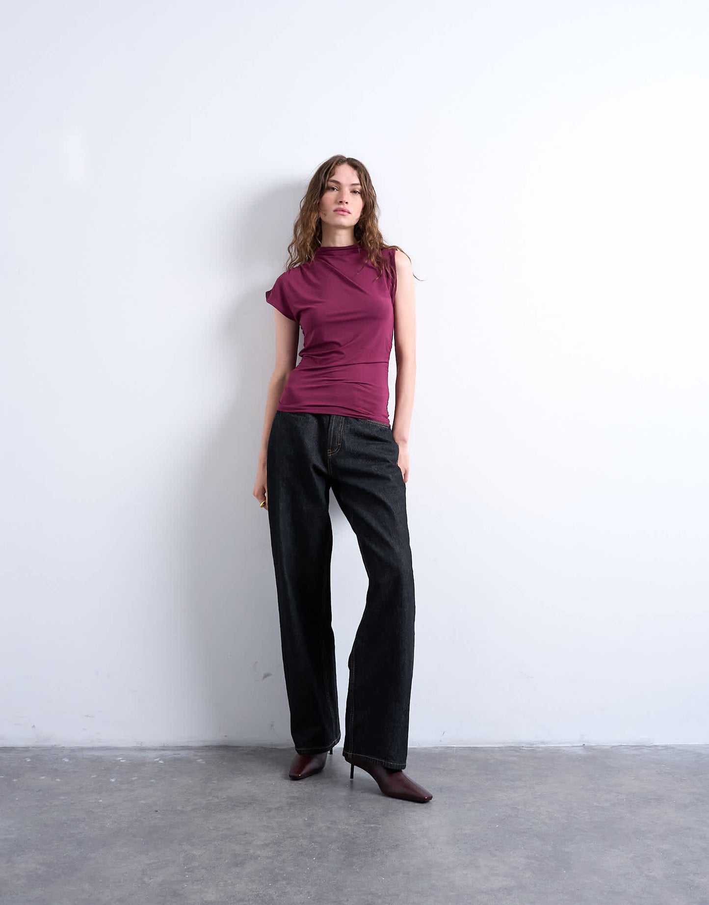 Topshop high neck asymmetric ruched side tank in burgundy