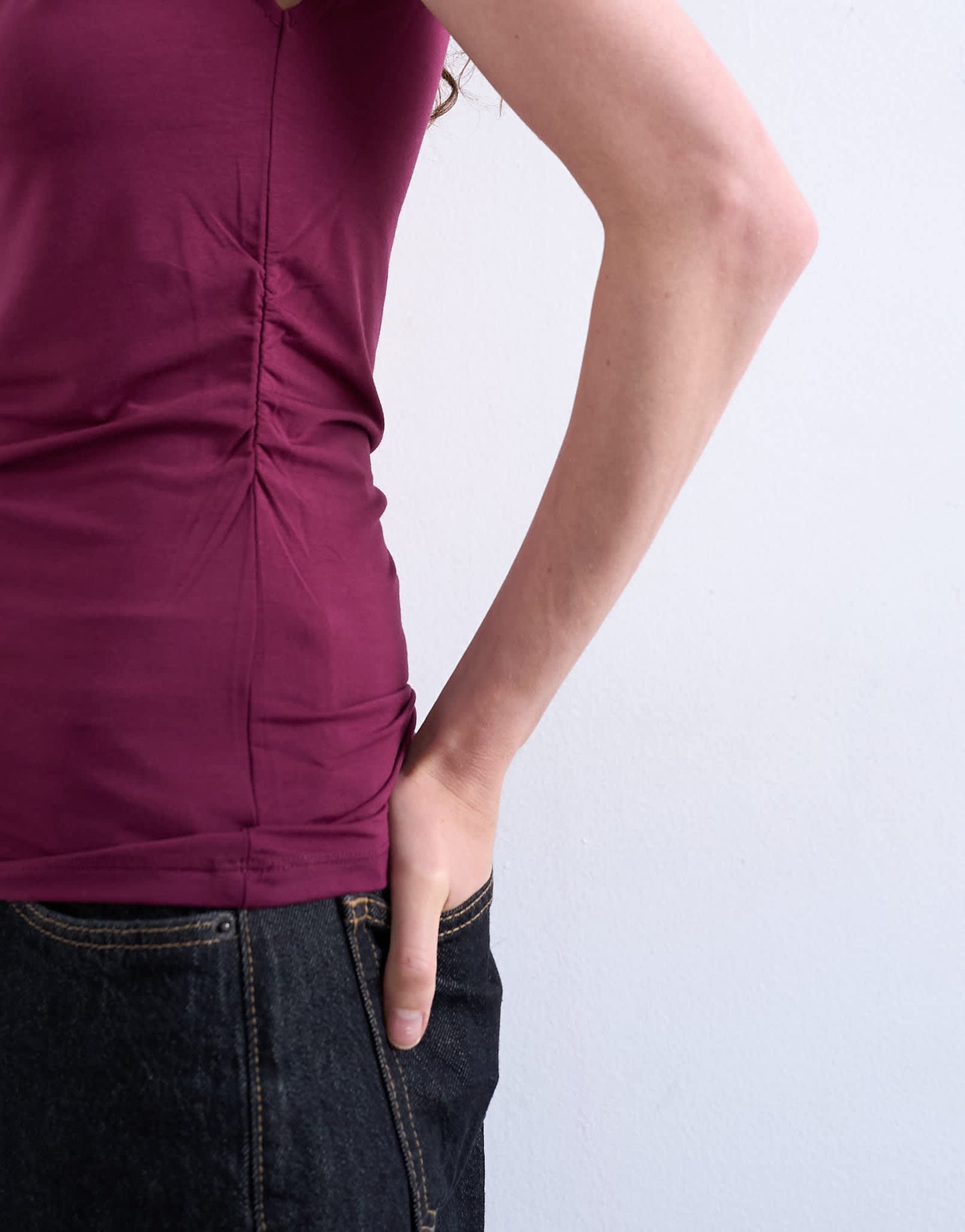 Topshop high neck asymmetric ruched side tank in burgundy