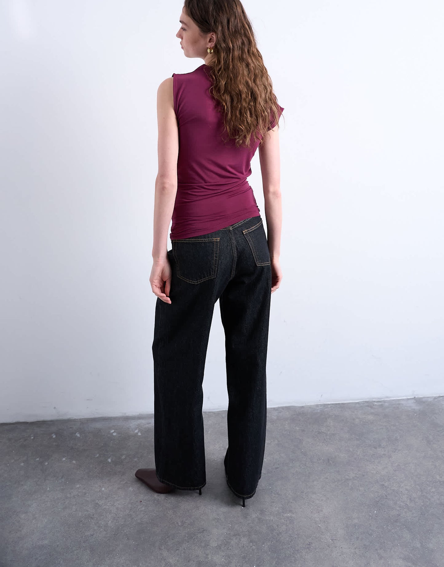 Topshop high neck asymmetric ruched side tank in burgundy