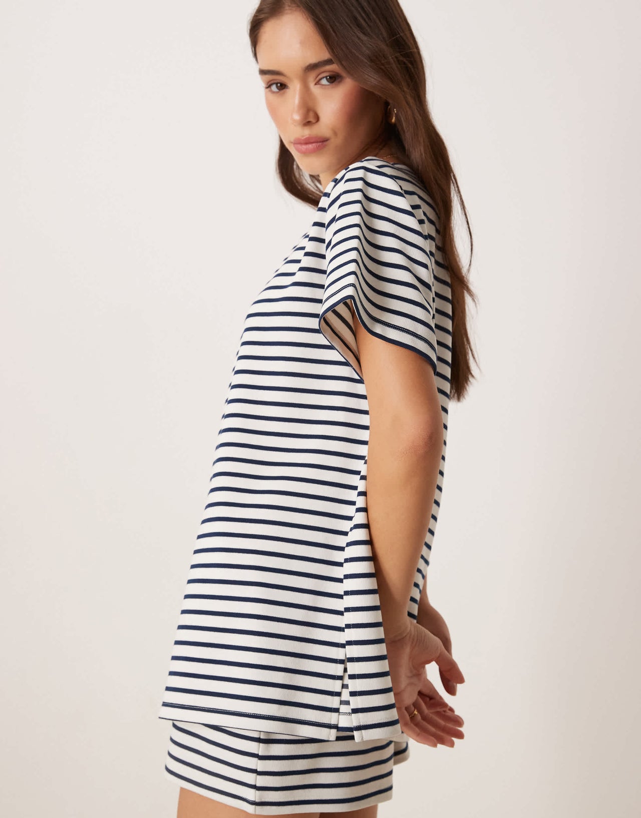 ASOS DESIGN co-ord interlock off shouder t-shirt in navy and white stripe