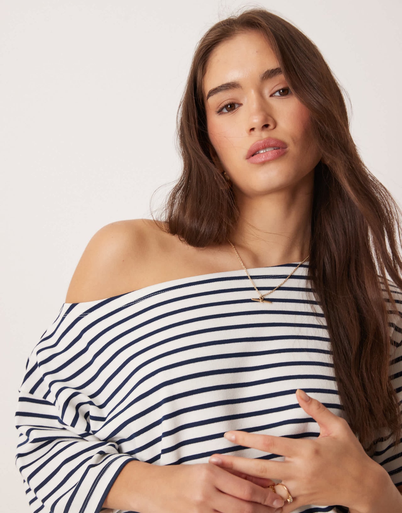 ASOS DESIGN co-ord interlock off shouder t-shirt in navy and white stripe
