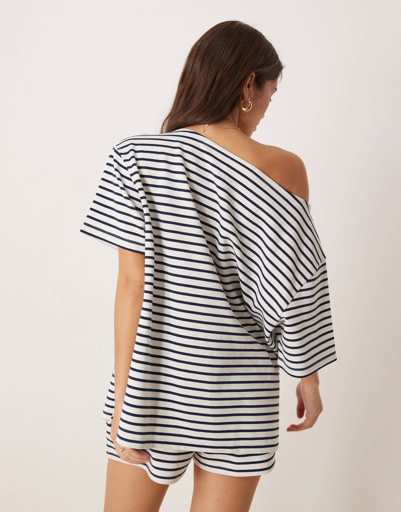 ASOS DESIGN co-ord interlock off shouder t-shirt in navy and white stripe
