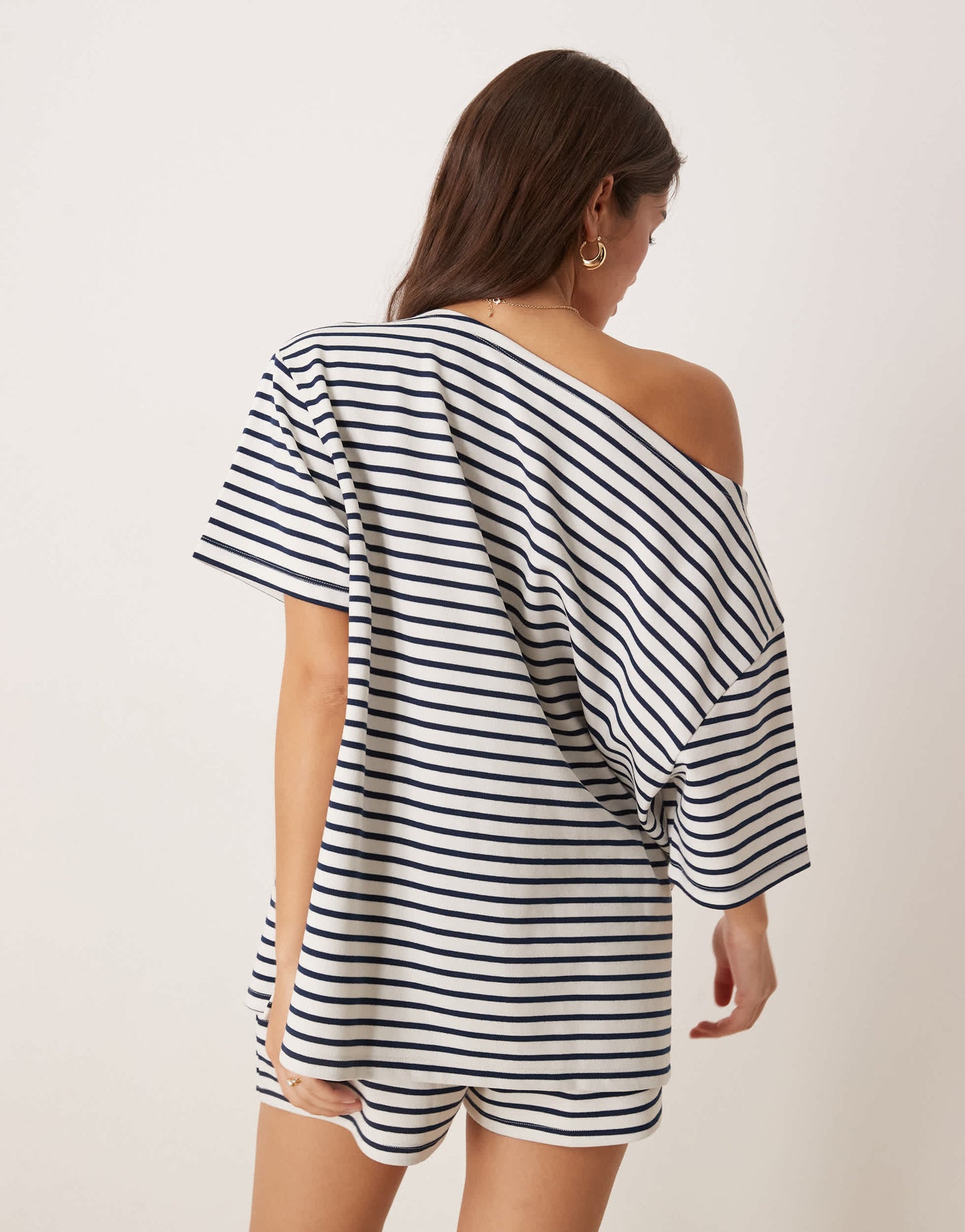ASOS DESIGN co-ord interlock off shouder t-shirt in navy and white stripe