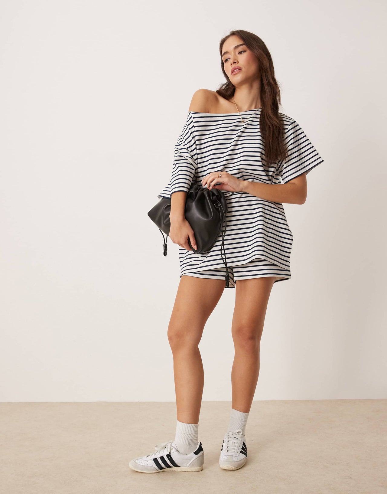 ASOS DESIGN co-ord interlock off shouder t-shirt in navy and white stripe