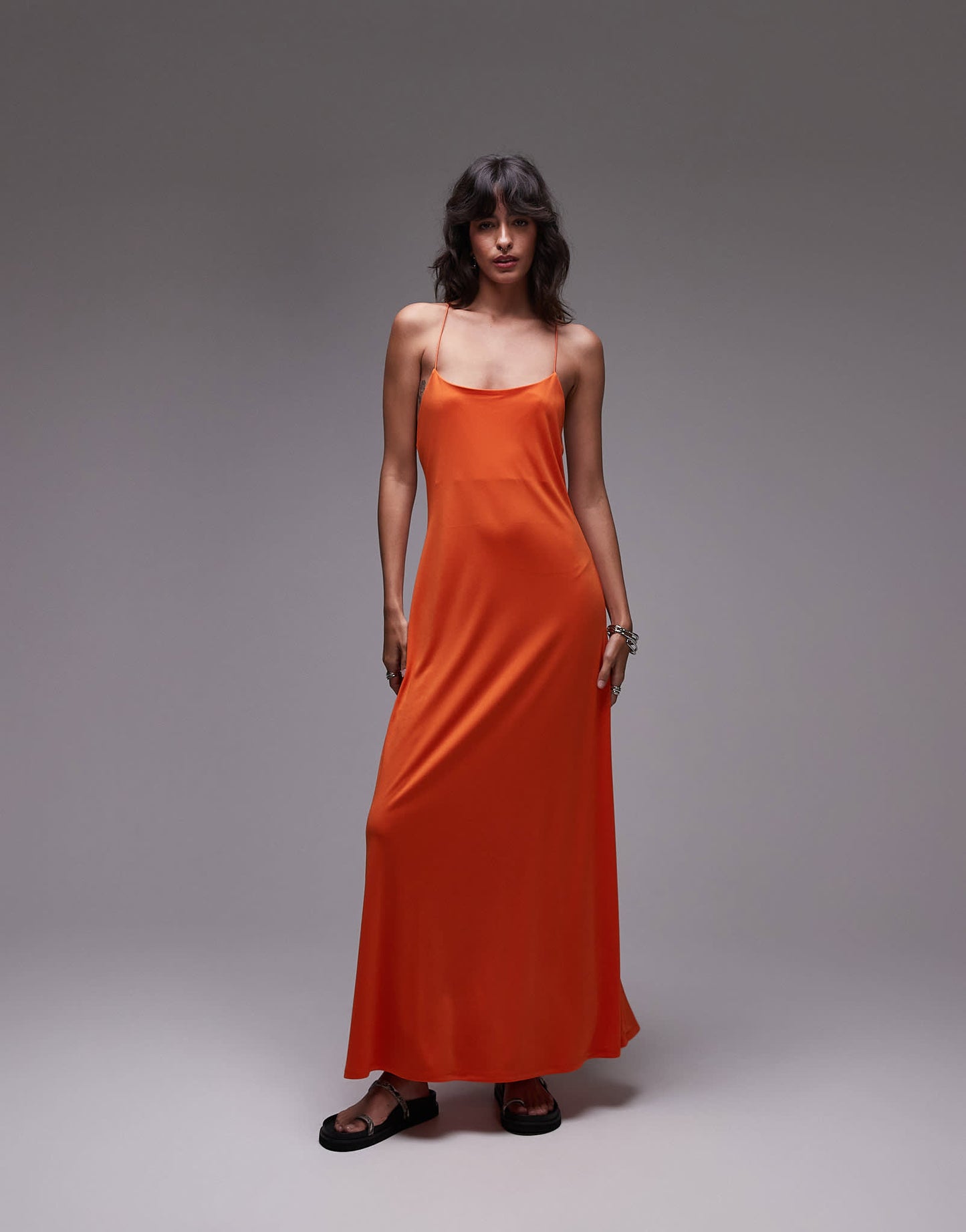 Topshop cami maxi low back detail dress in orange