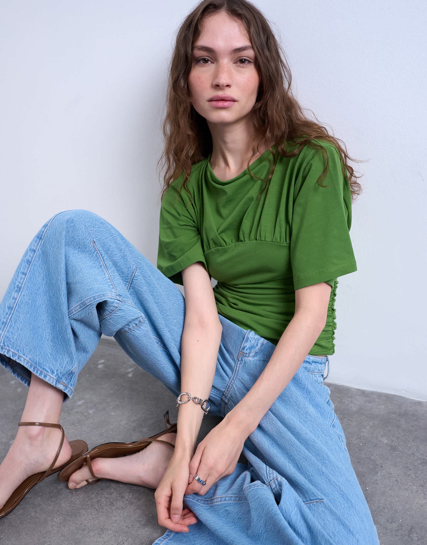 Topshop ruched detail short sleeve top in green