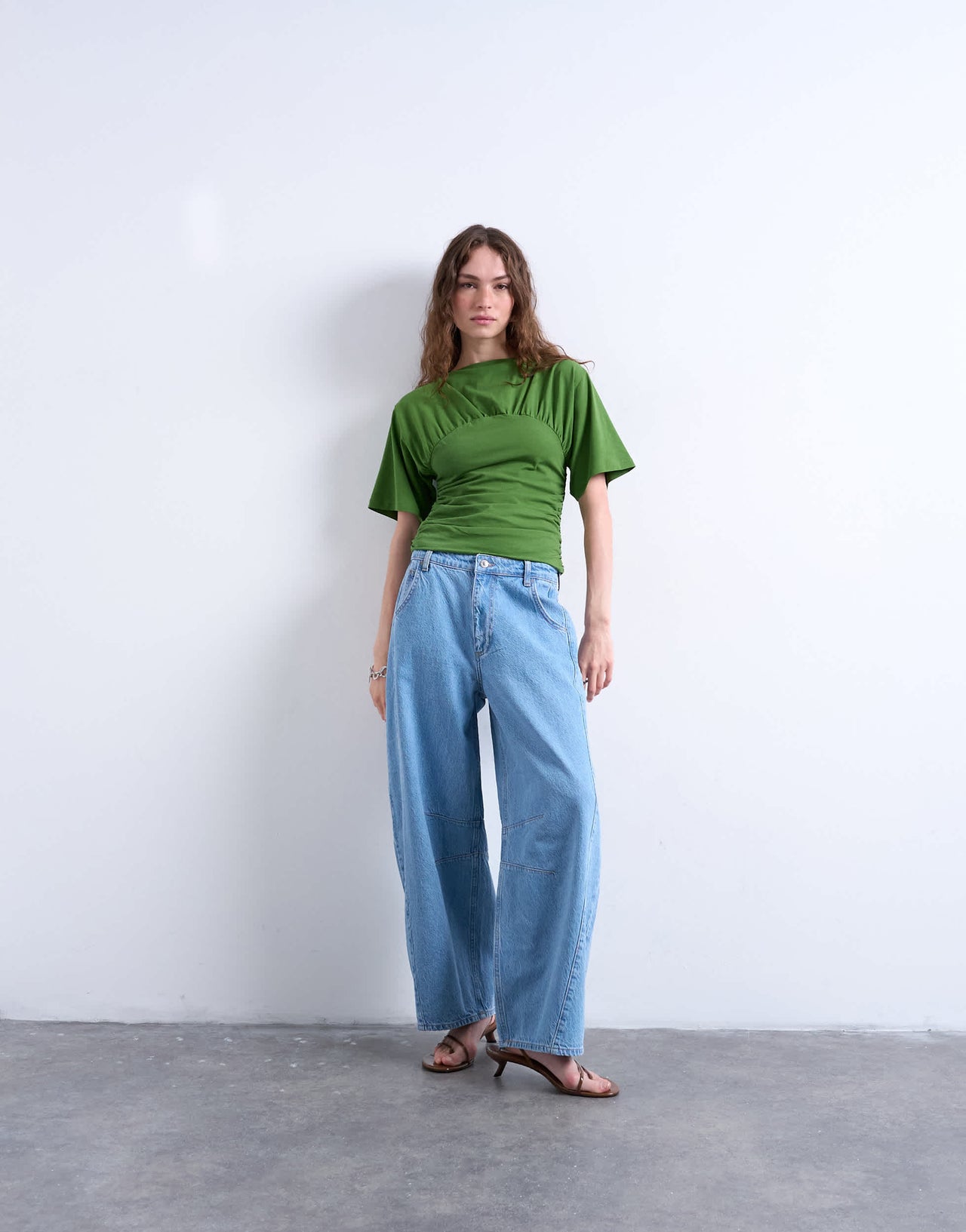Topshop ruched detail short sleeve top in green