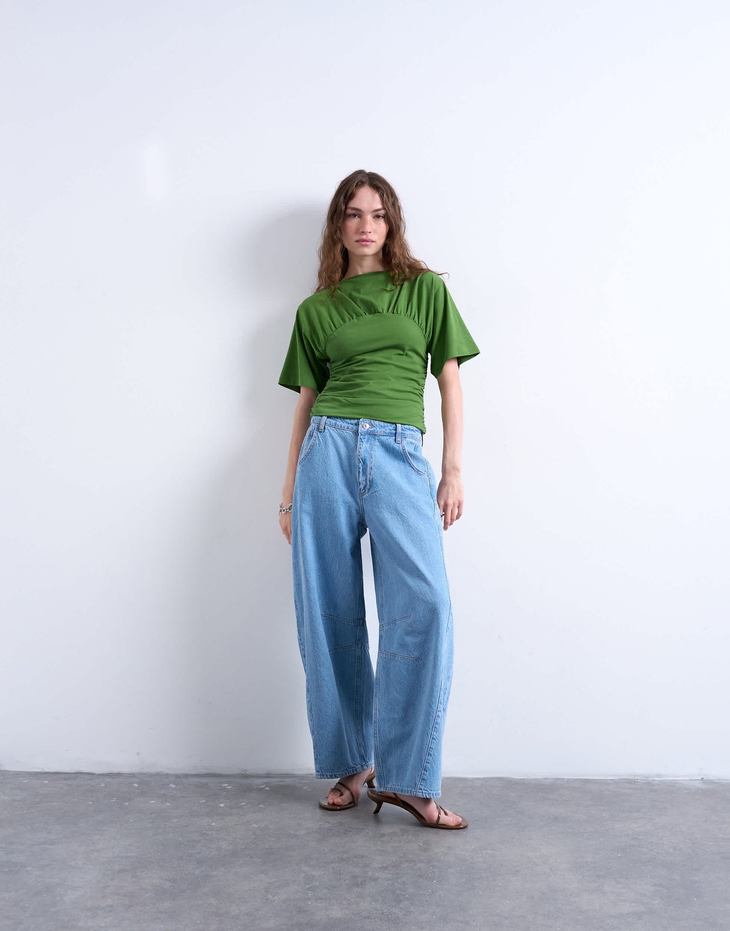 Topshop ruched detail short sleeve top in green