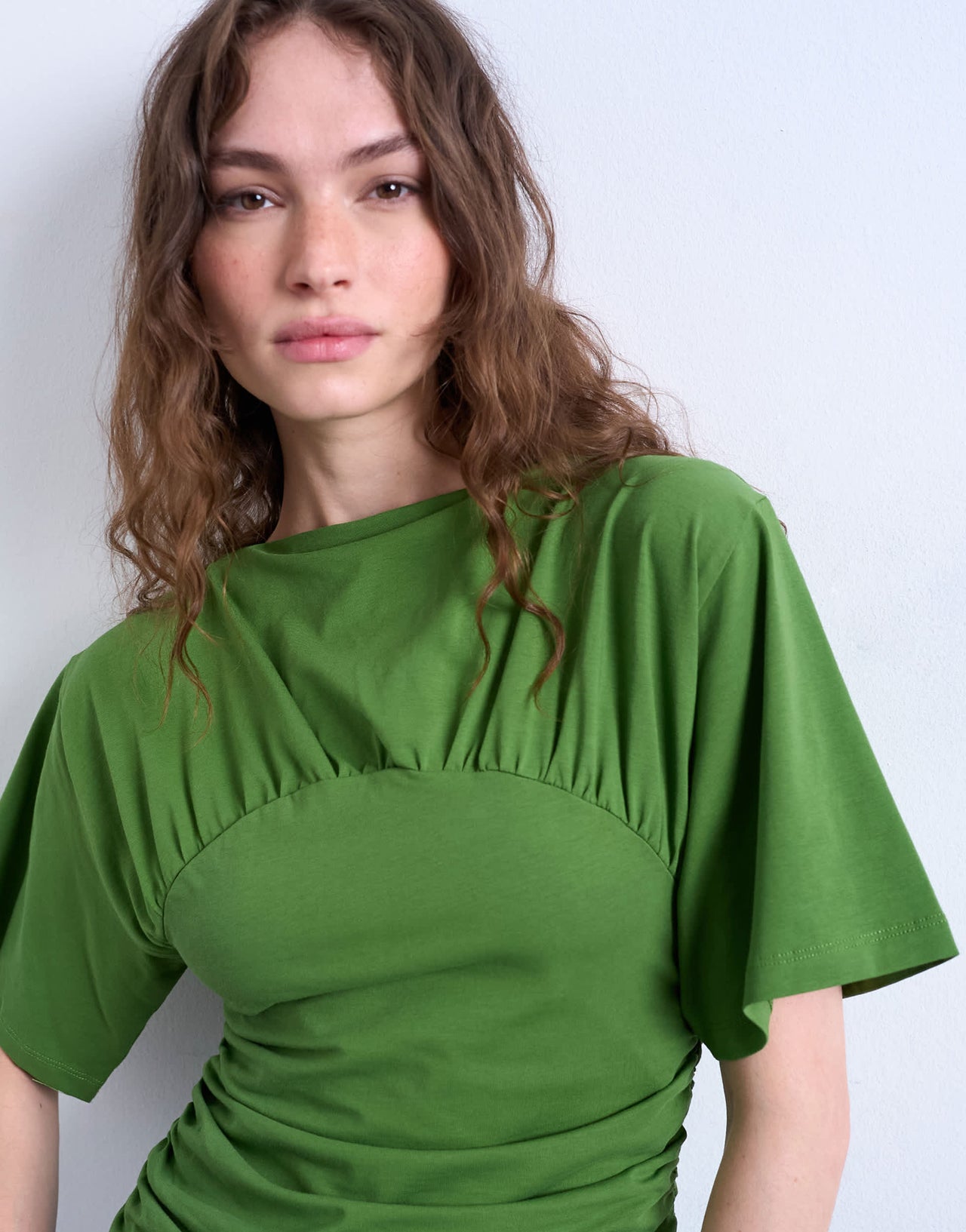 Topshop ruched detail short sleeve top in green