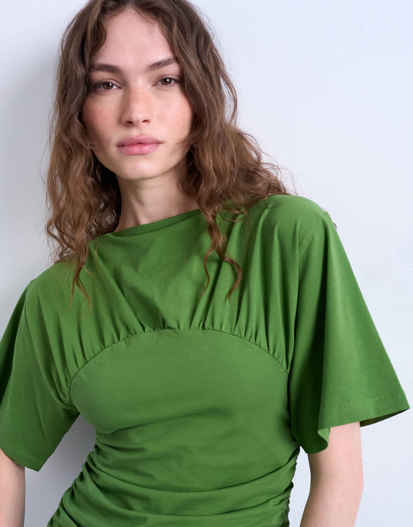 Topshop ruched detail short sleeve top in green