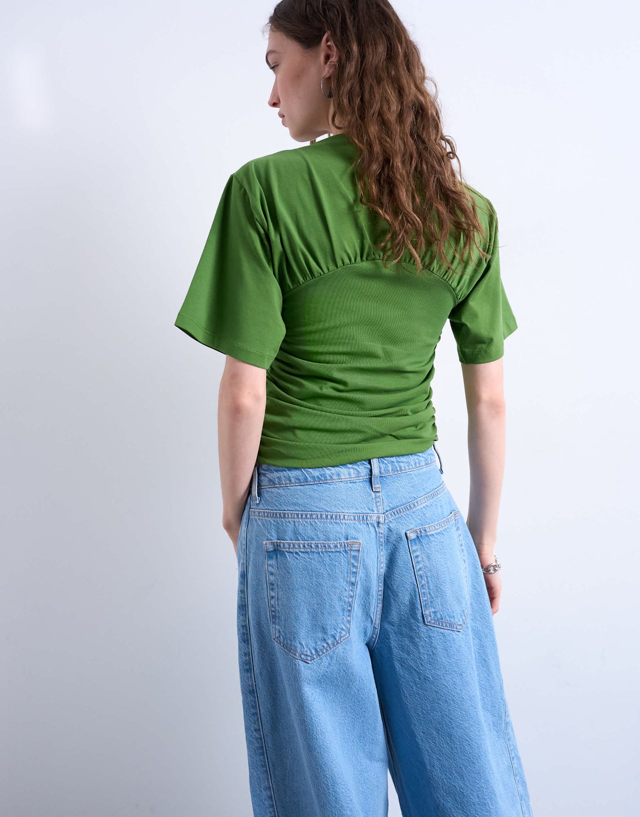 Topshop ruched detail short sleeve top in green