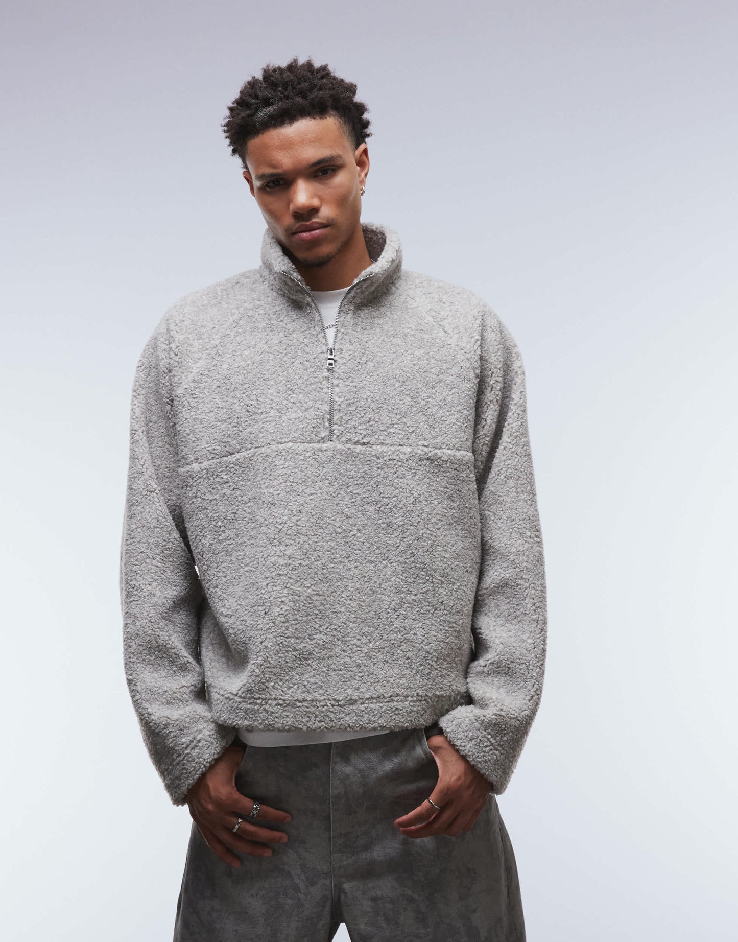 ASOS DESIGN relaxed boxy funnel neck quarter zip borg sweatshirt in beige marl