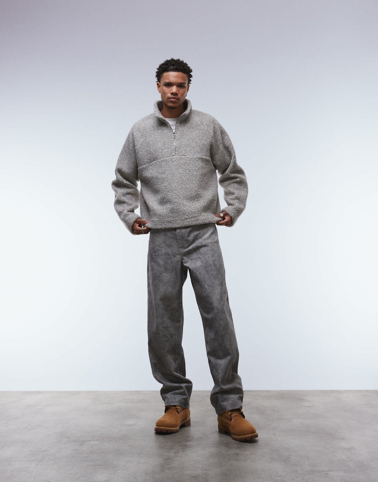 ASOS DESIGN relaxed boxy funnel neck quarter zip borg sweatshirt in beige marl