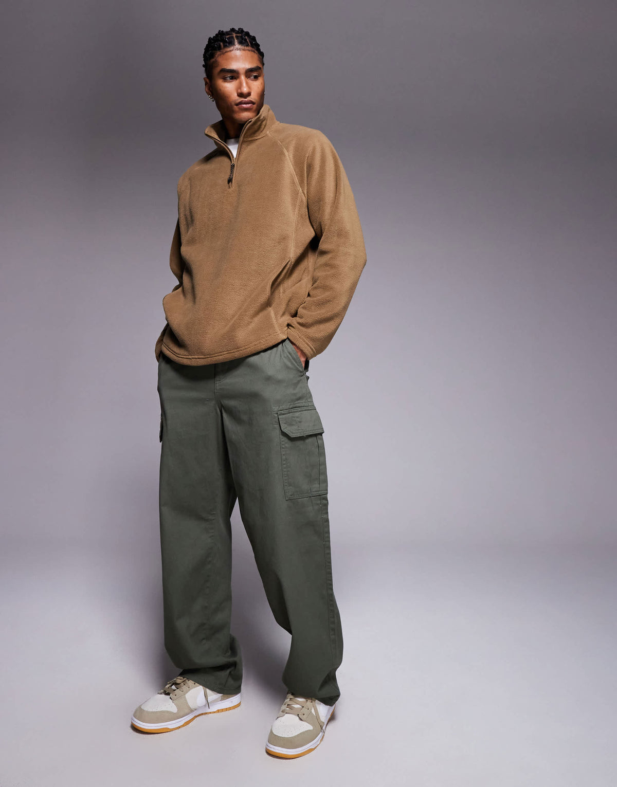 ASOS DESIGN relaxed funnel neck quarter zip fleece sweatshirt in beige