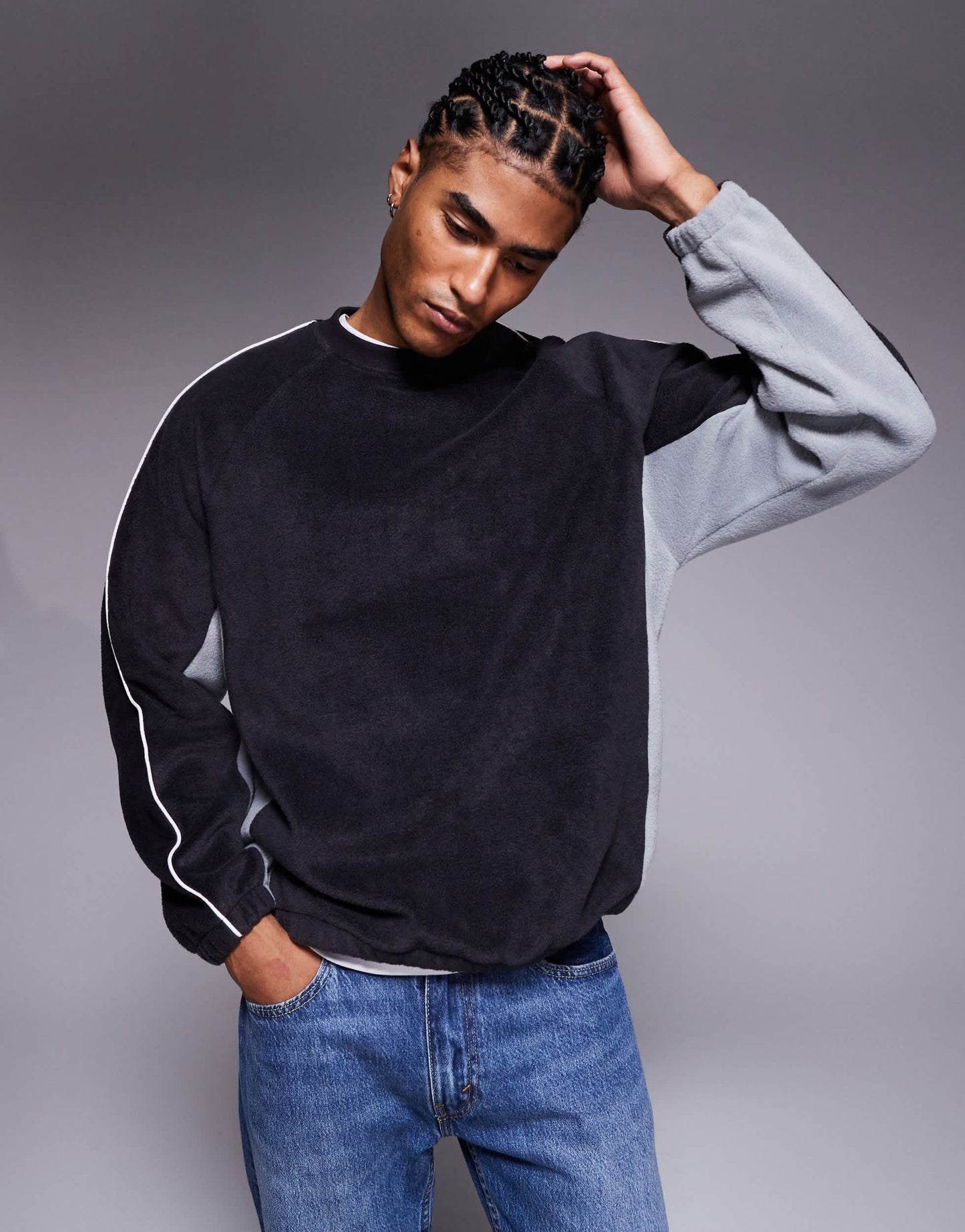 ASOS DESIGN relaxed fleece sweatshirt with piping and colour block in grey
