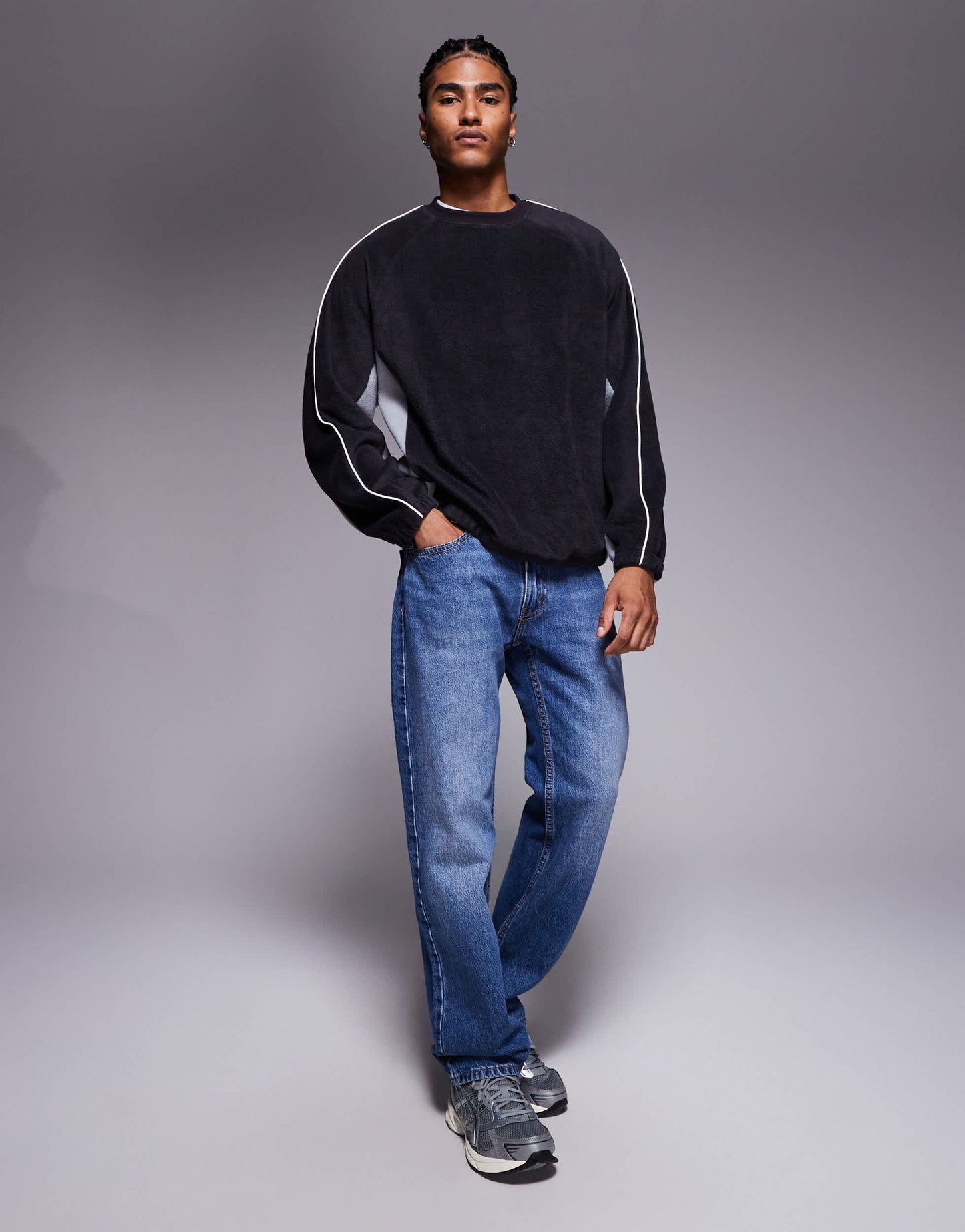 ASOS DESIGN relaxed fleece sweatshirt with piping and colour block in grey